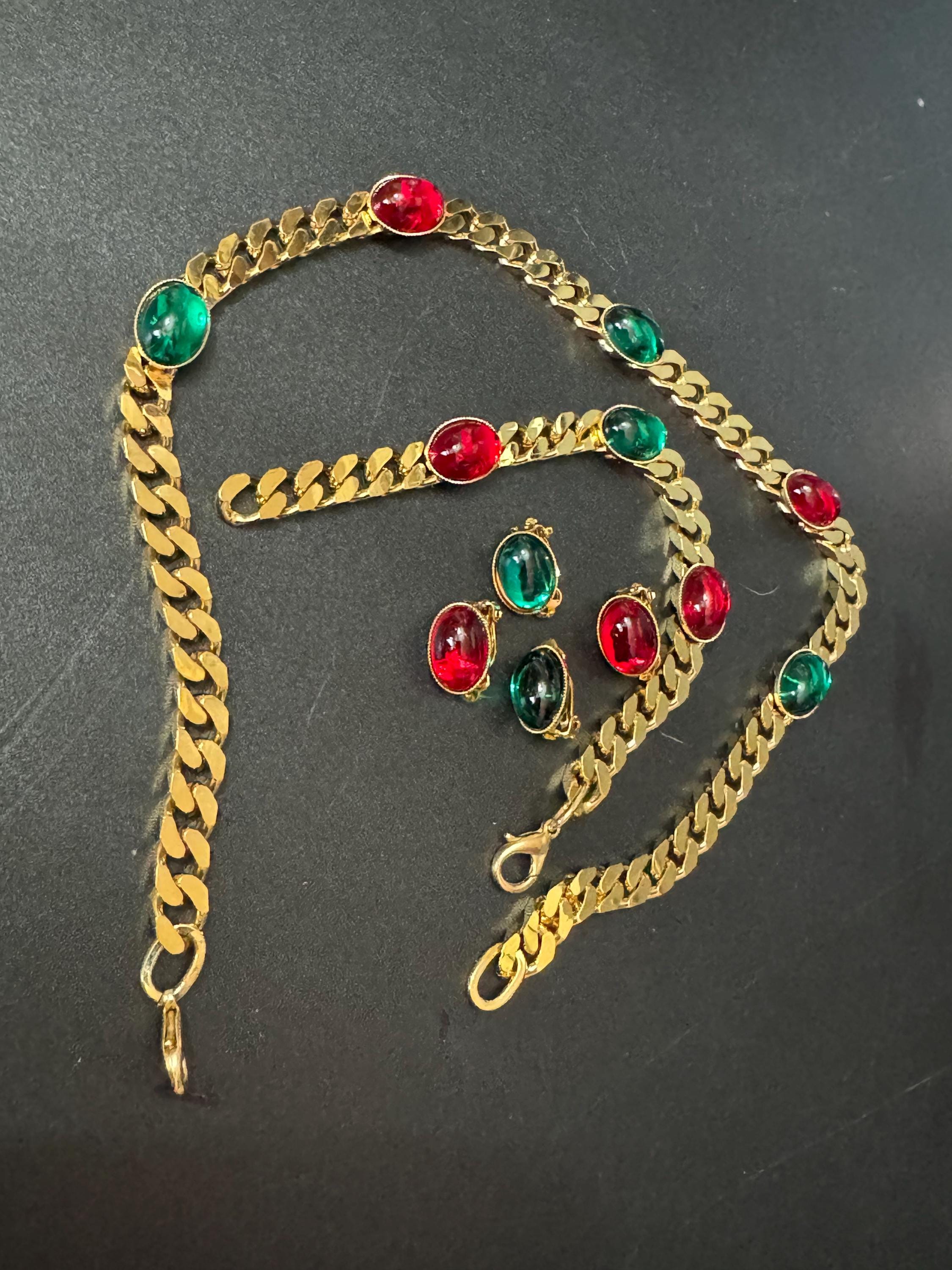 Vintage gold tone emerald green and ruby red cabochon long layering necklace bracelet and oval small clip on earrings 2 pairs matching set