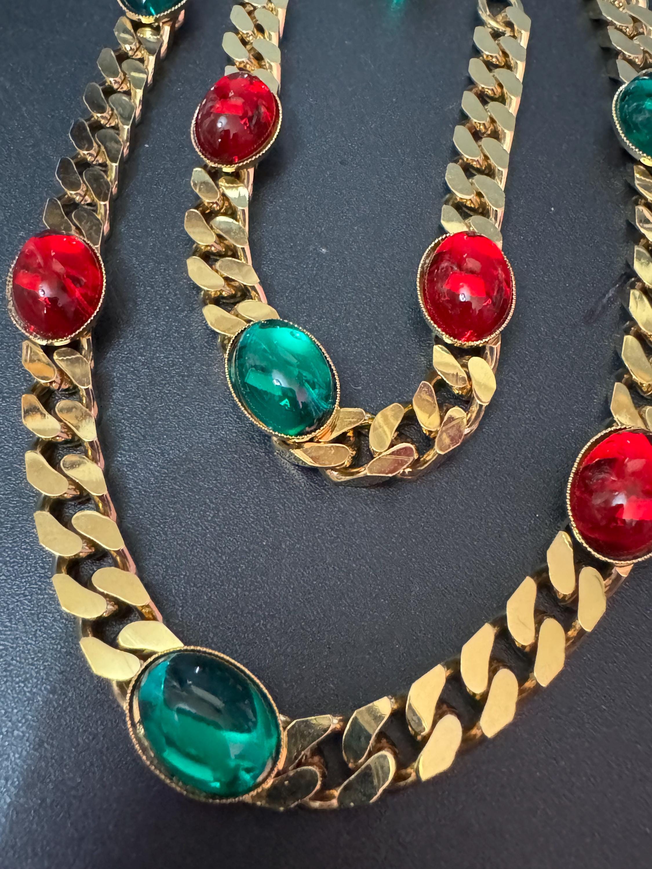 Vintage gold tone emerald green and ruby red cabochon long layering necklace bracelet and oval small clip on earrings 2 pairs matching set