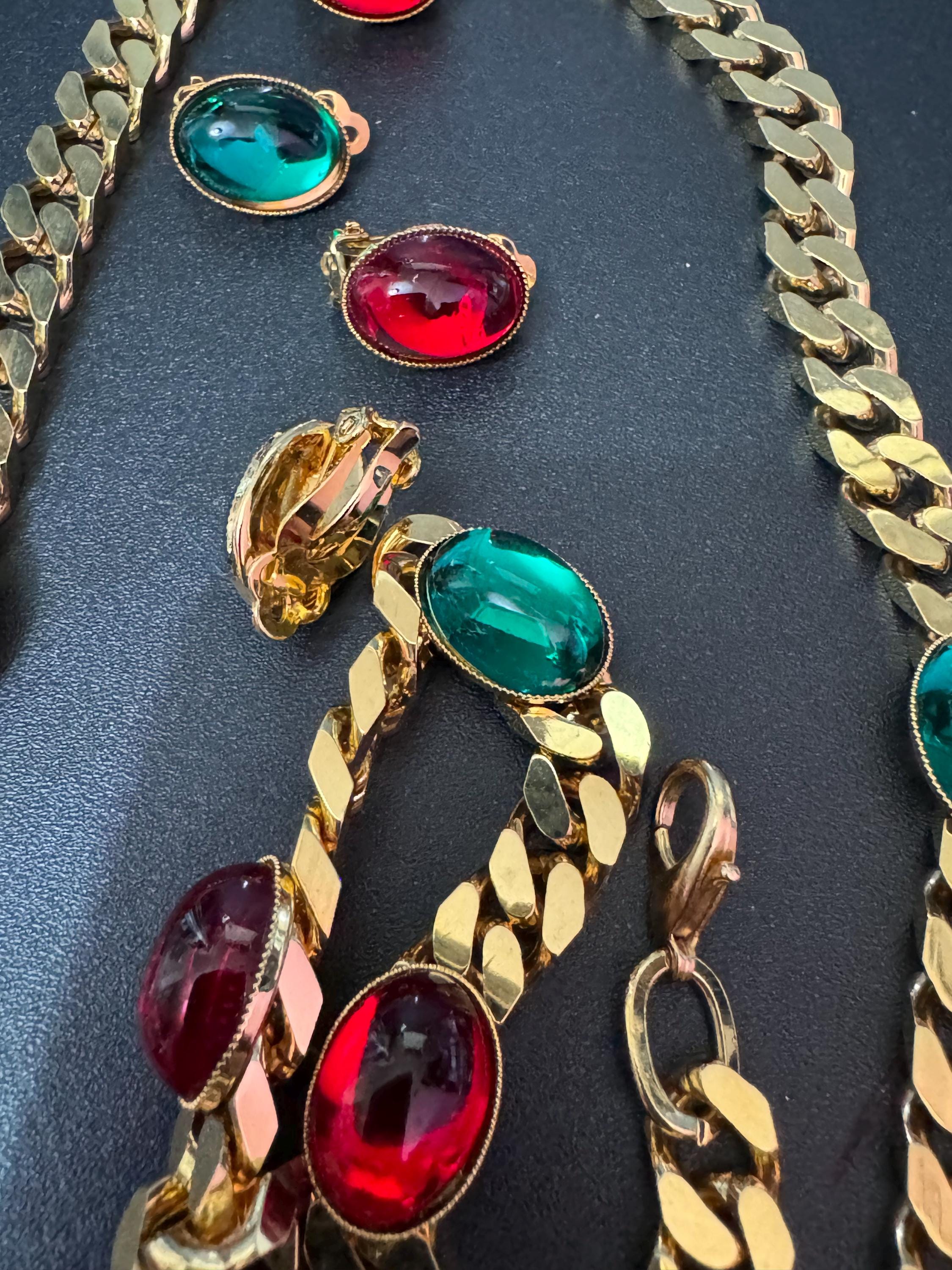 Vintage gold tone emerald green and ruby red cabochon long layering necklace bracelet and oval small clip on earrings 2 pairs matching set