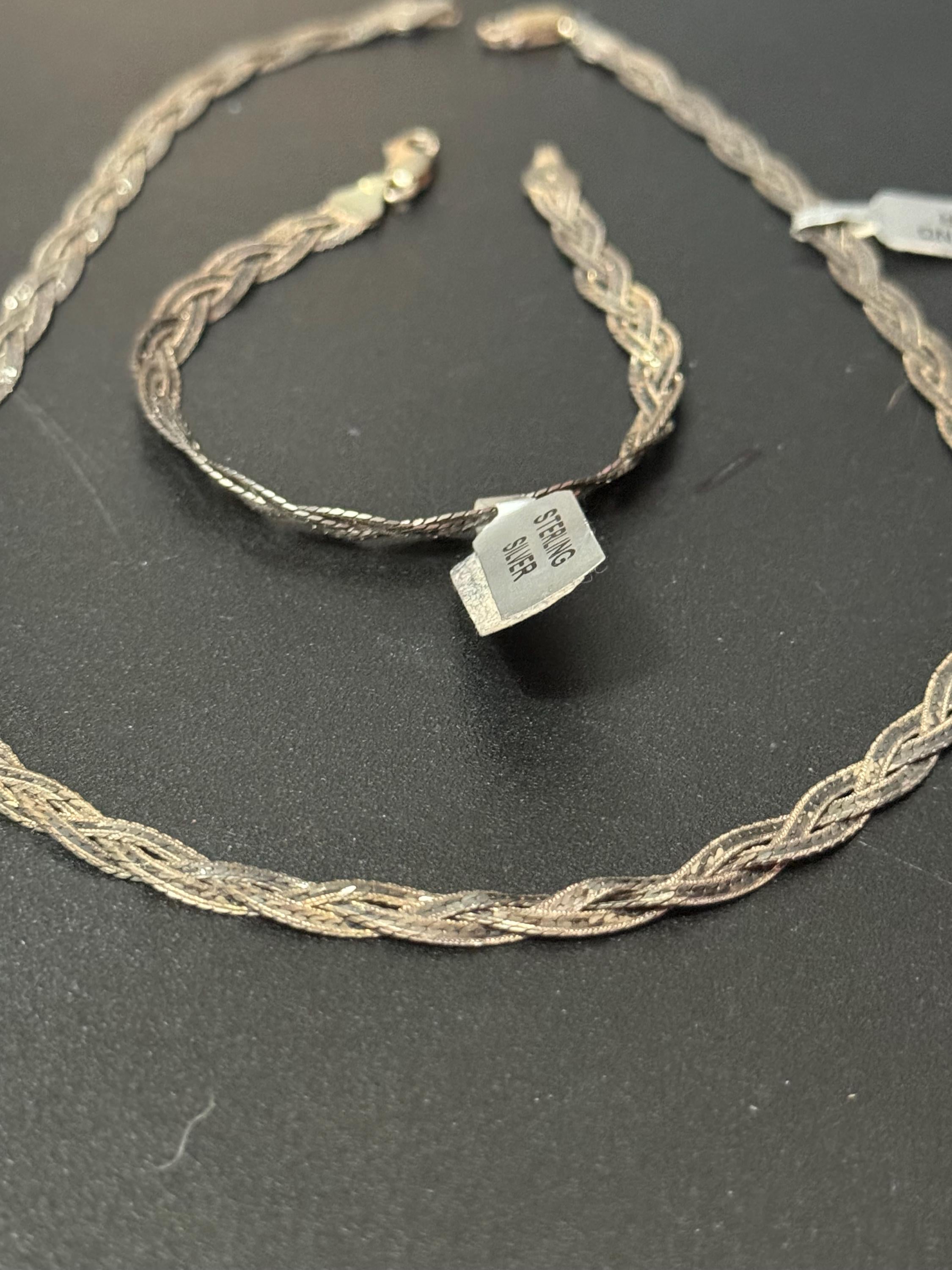 Matching sterling 925 silver woven plaited flat necklace and bracelet jewellery set