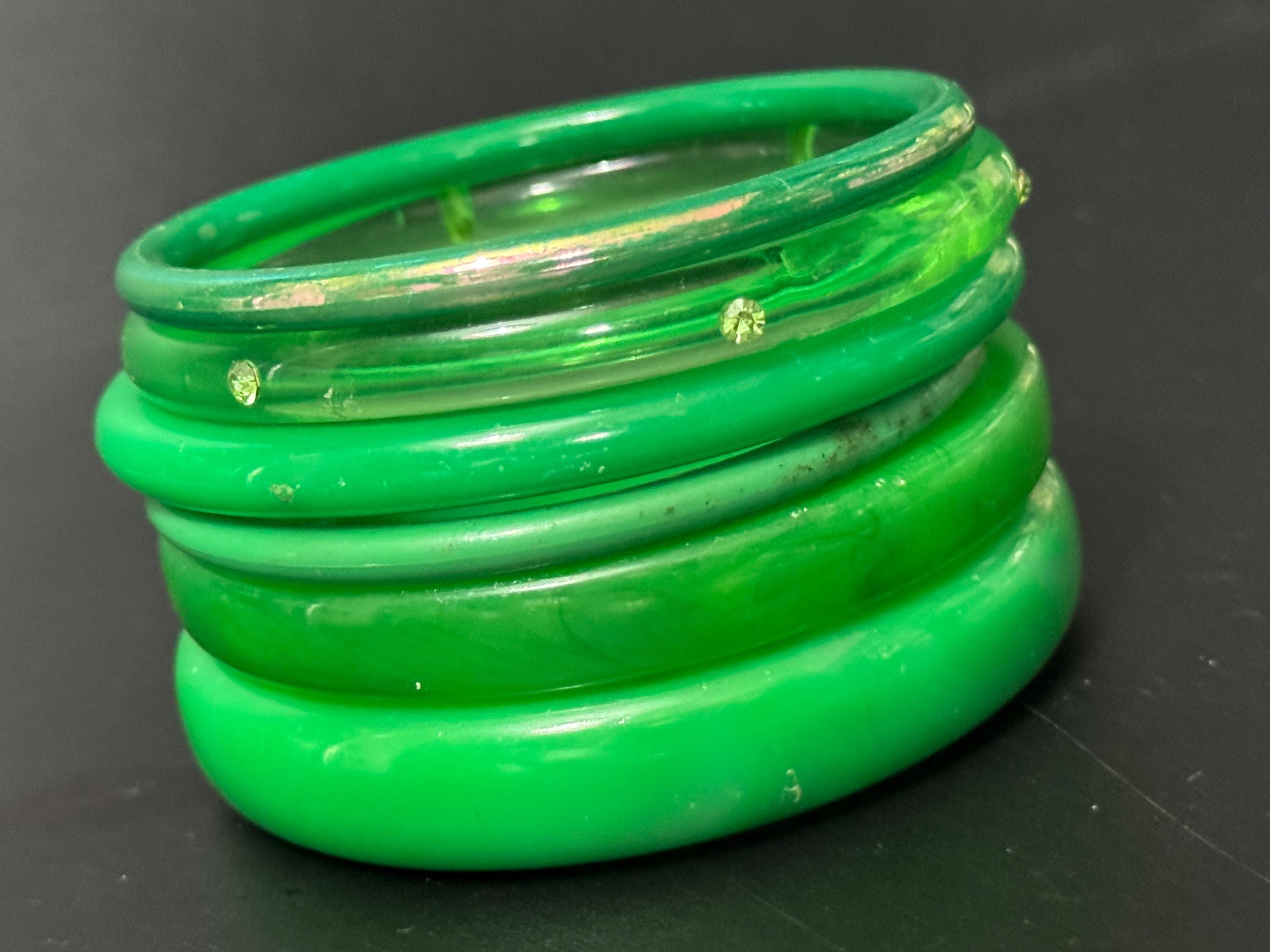 GREEN stack of vintage plastic bangles