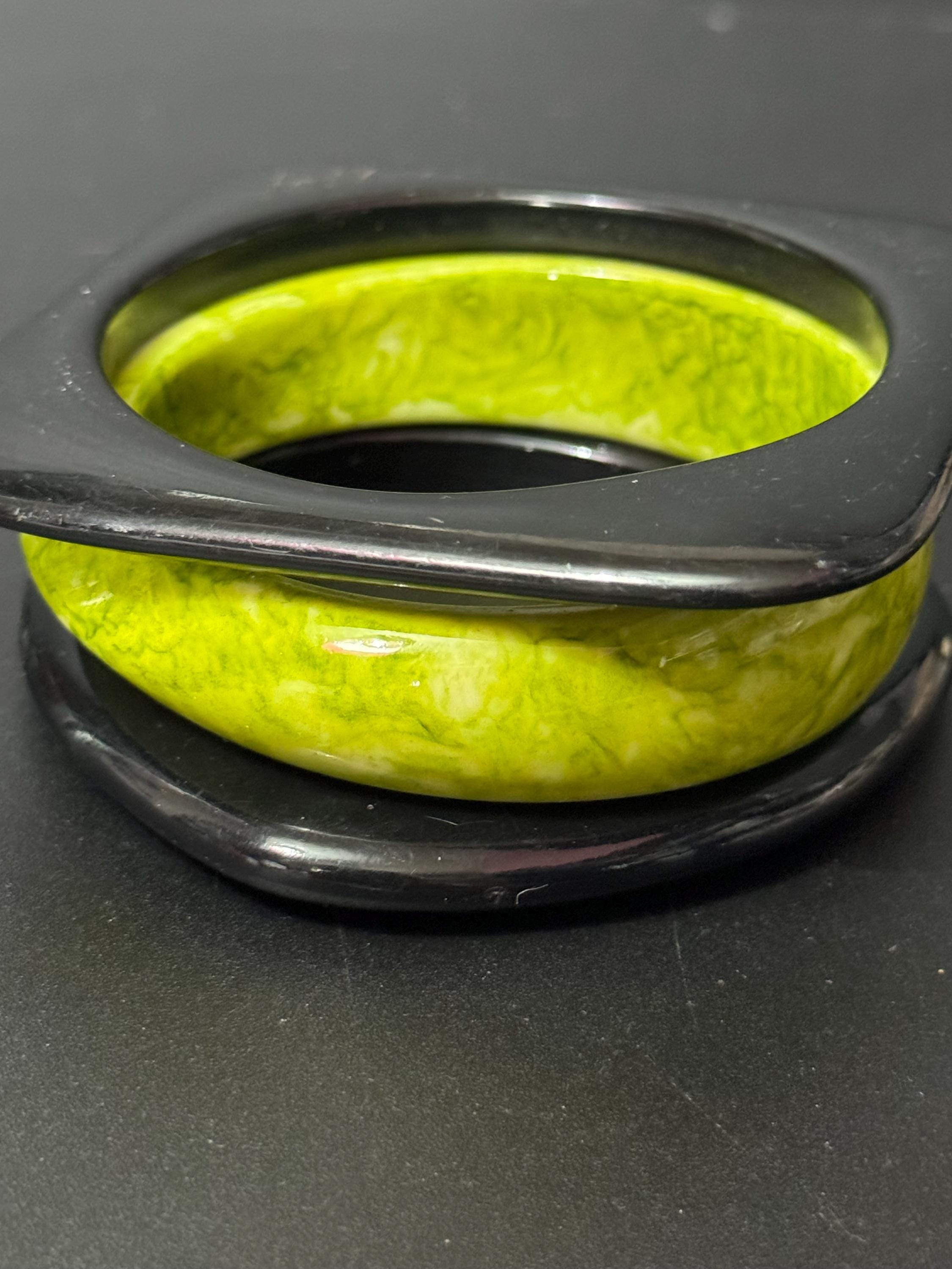 LIME GREEN and black stack of vintage plastic bangles