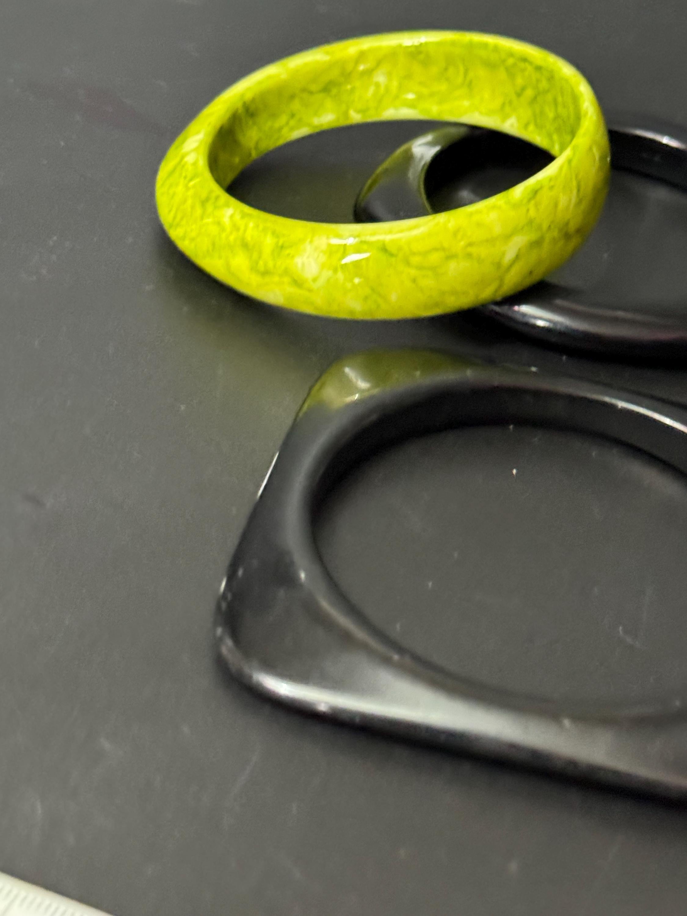 LIME GREEN and black stack of vintage plastic bangles