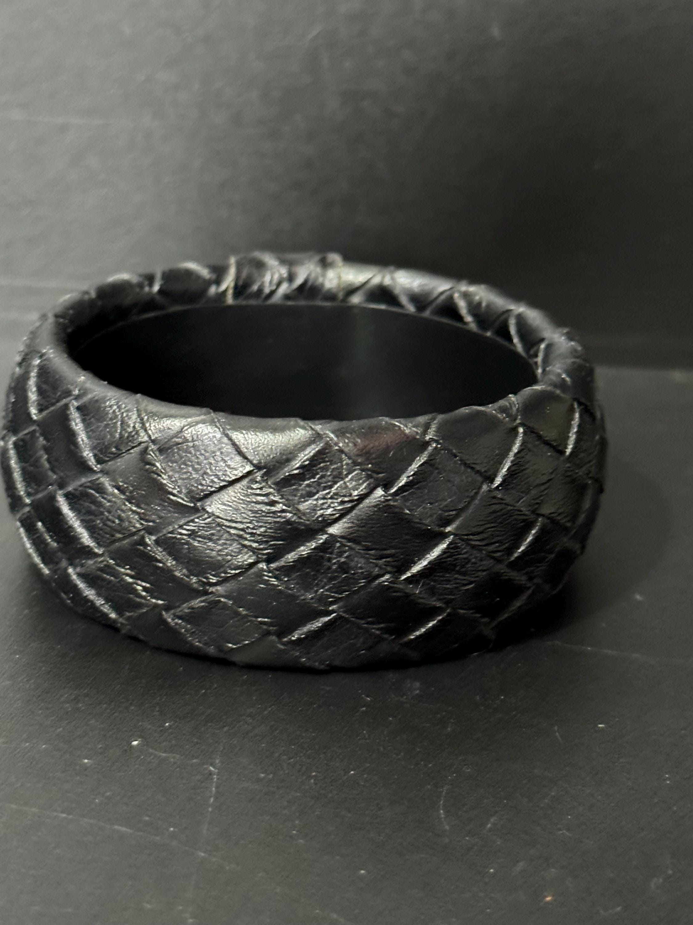 Vintage retro big black woven leather wide bangle boho