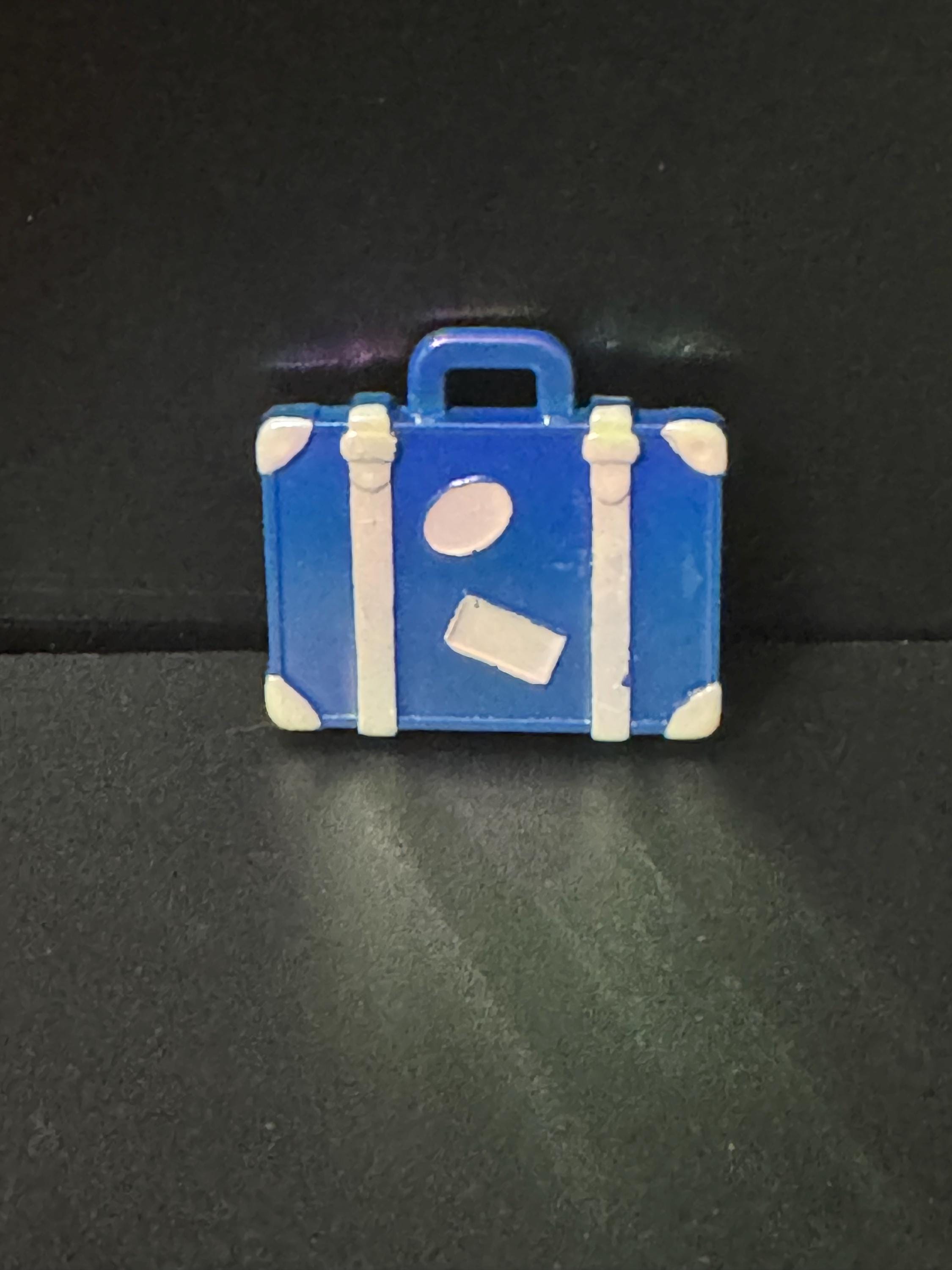 Novelty blue travel suitcase brooch vintage French plastic 1960s