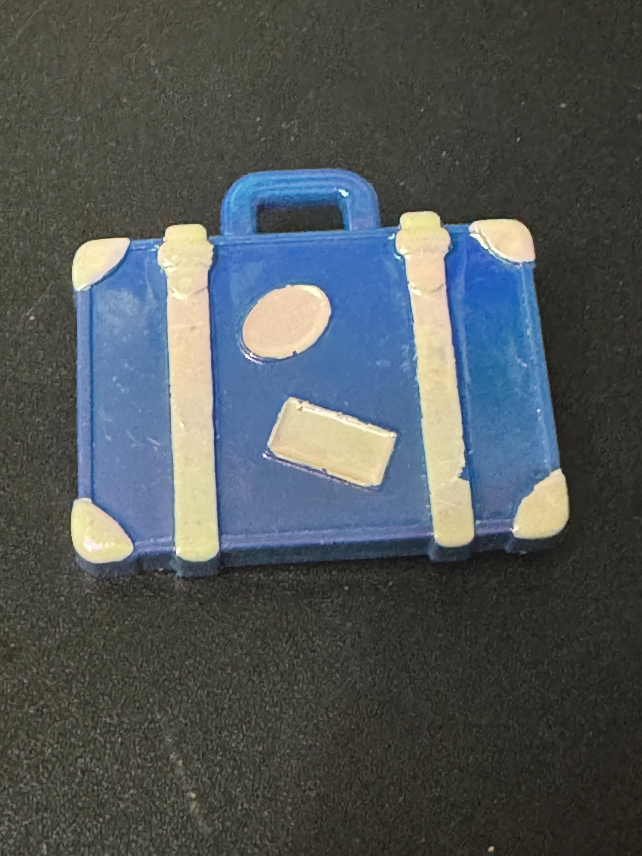 Novelty blue travel suitcase brooch vintage French plastic 1960s