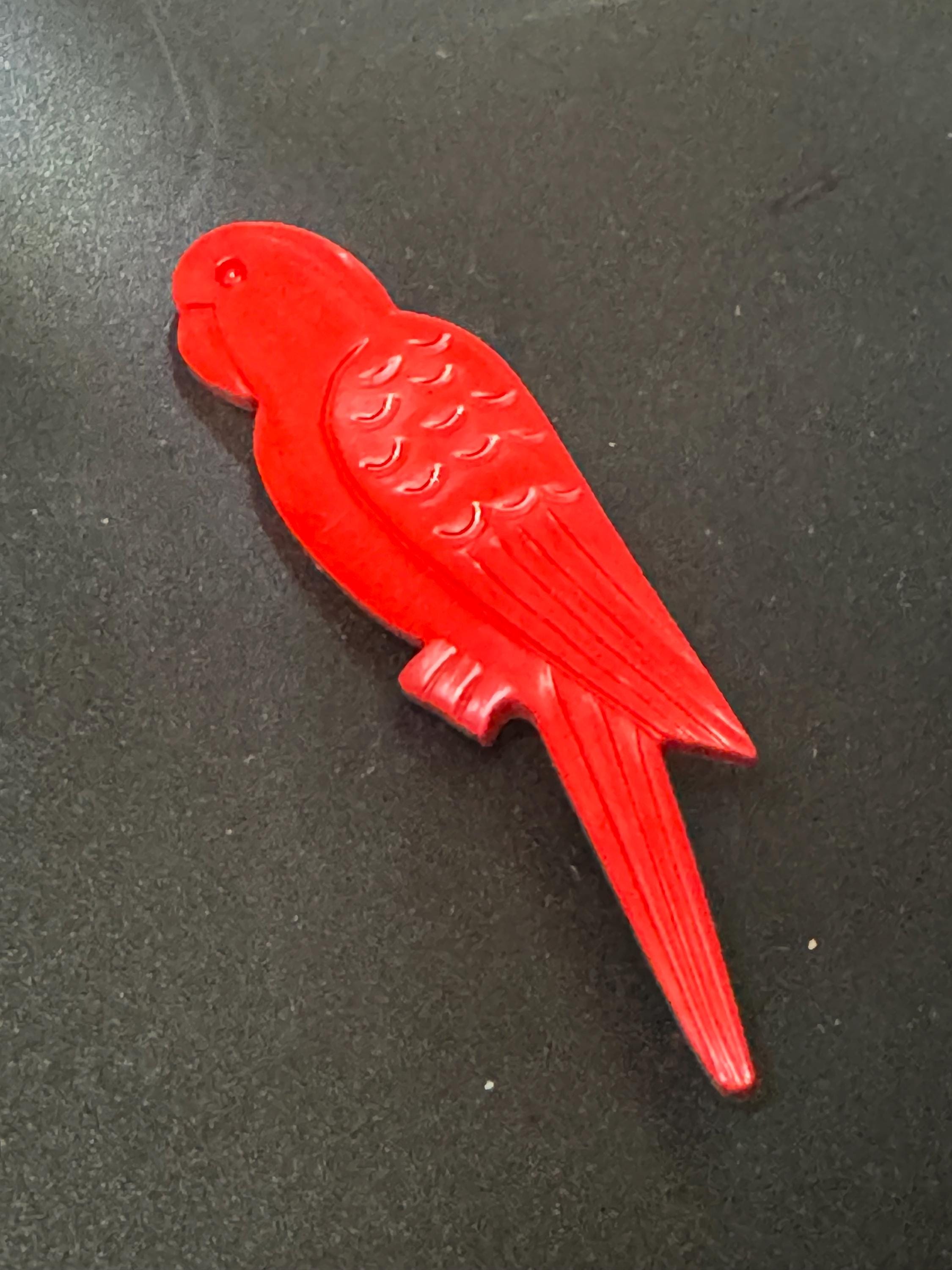 Novelty red parrot brooch, tropical bird vintage French early plastic