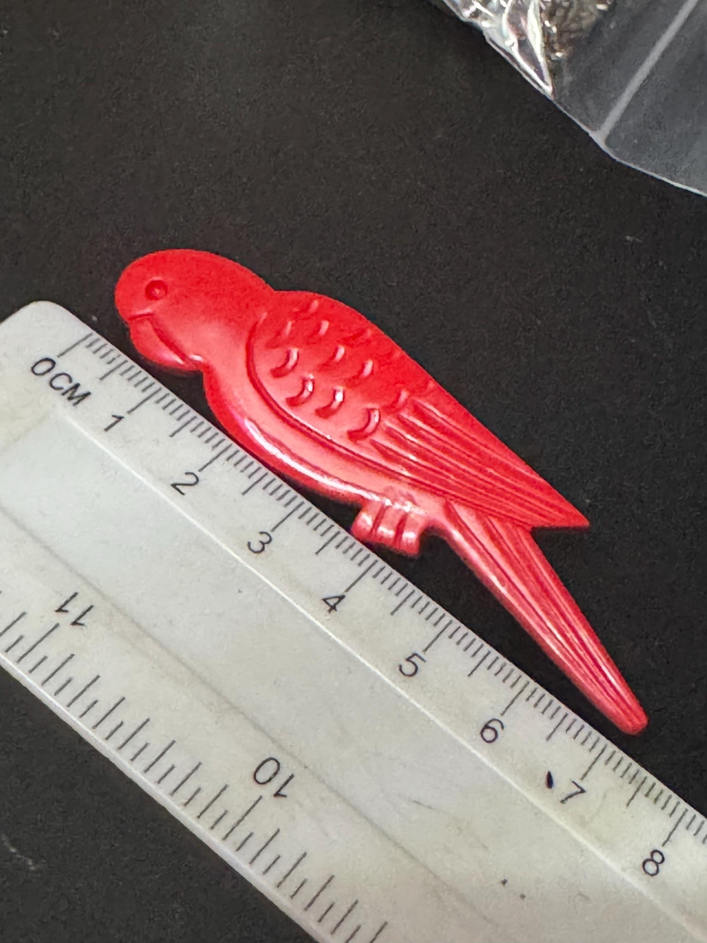 Novelty red parrot brooch, tropical bird vintage French early plastic
