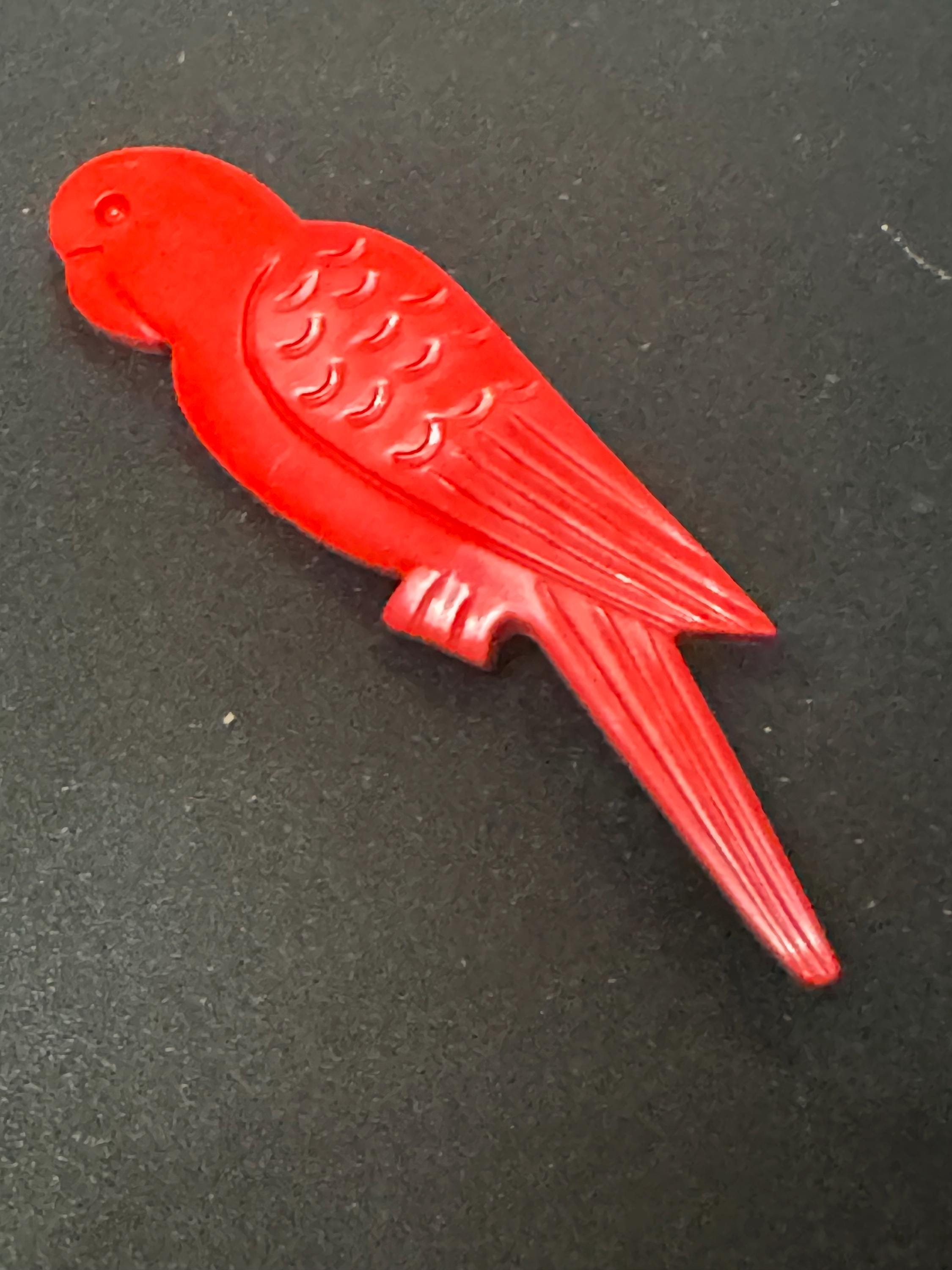 Novelty red parrot brooch, tropical bird vintage French early plastic