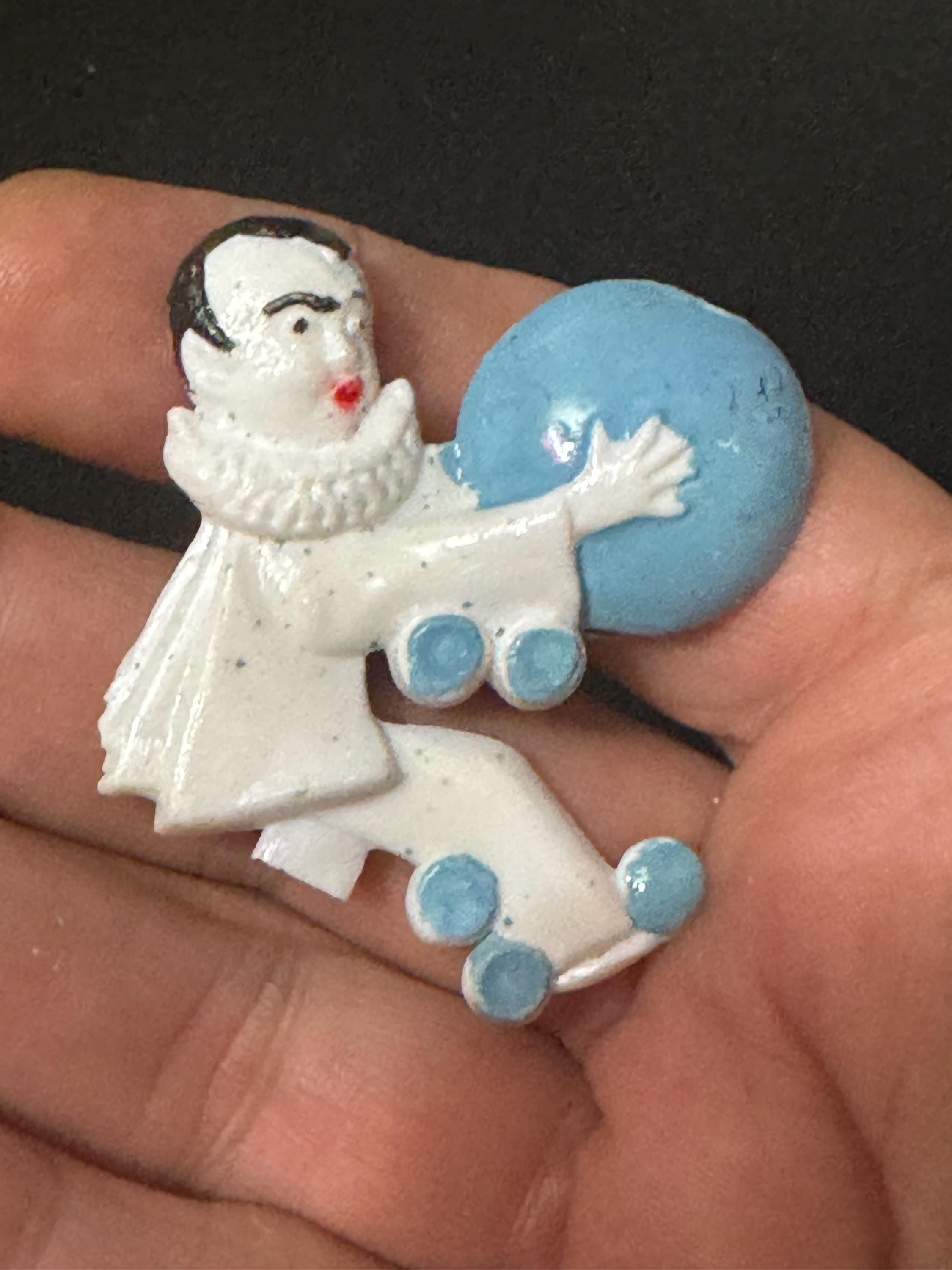 Novelty Pierrot brooch, French early plastic clown pin