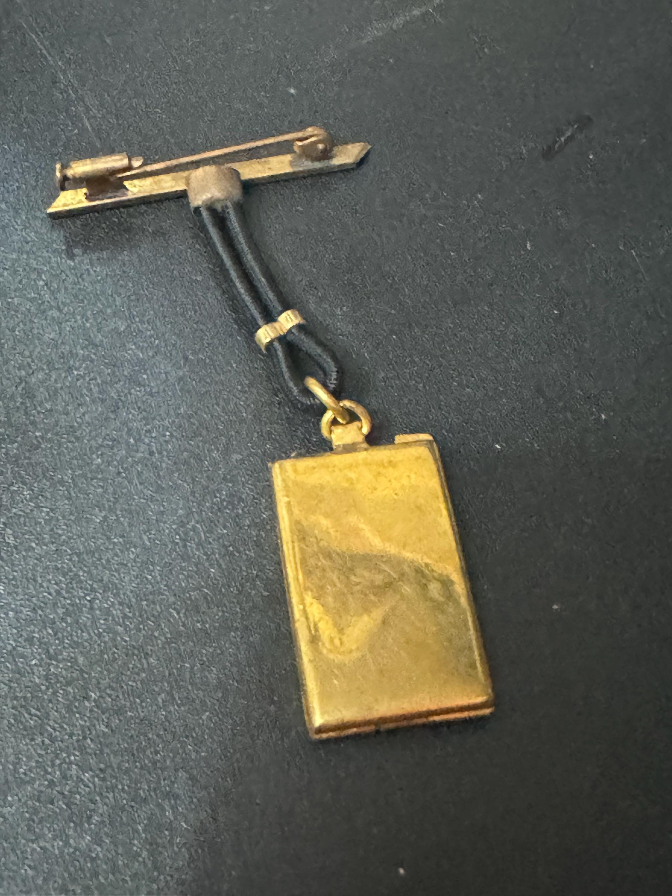 vintage art deco geometric brass dangling pendant portrait locket brooch with black leather French