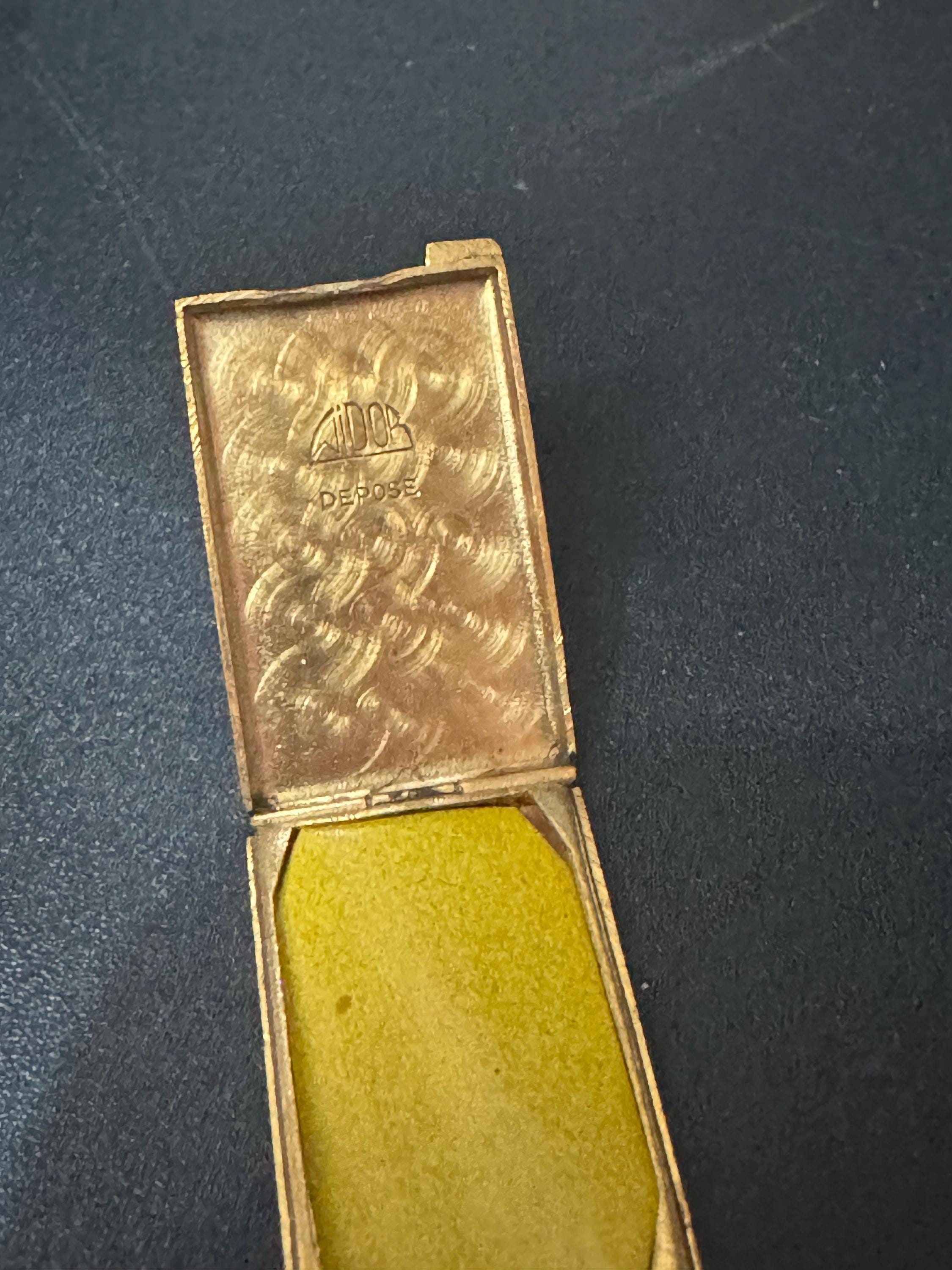 vintage art deco geometric brass dangling pendant portrait locket brooch with black leather French