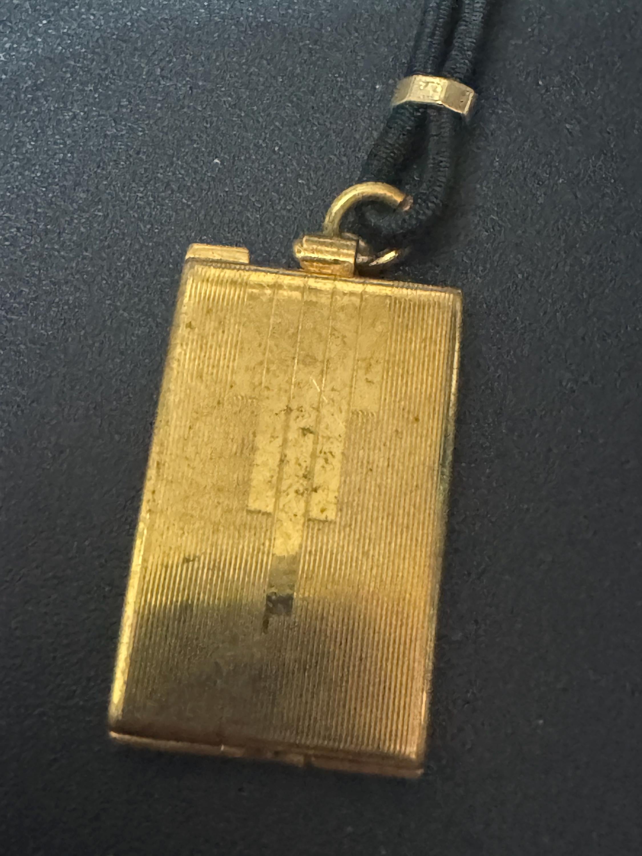 vintage art deco geometric brass dangling pendant portrait locket brooch with black leather French