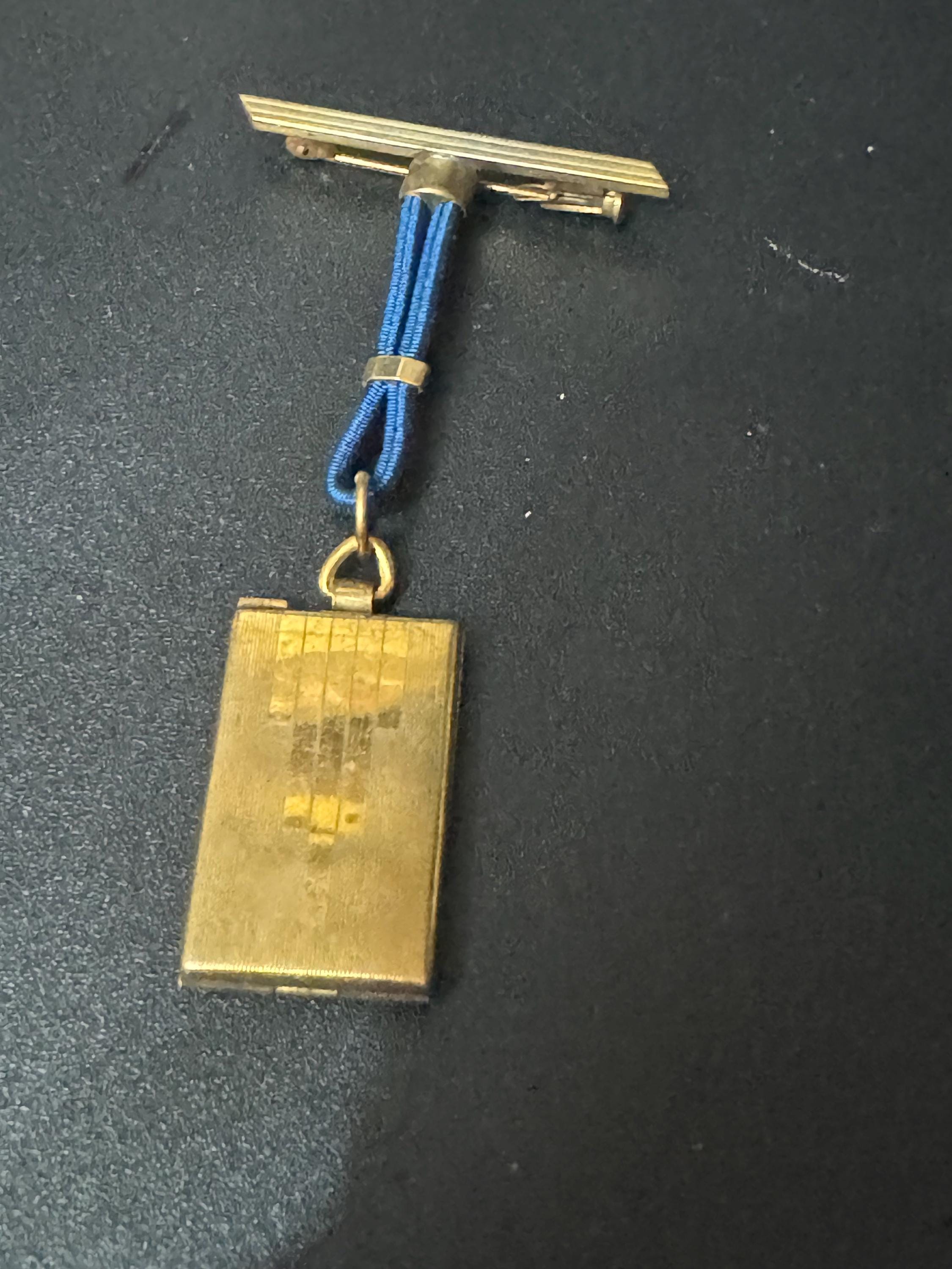 vintage art deco geometric brass dangling pendant portrait locket brooch with blue leather French