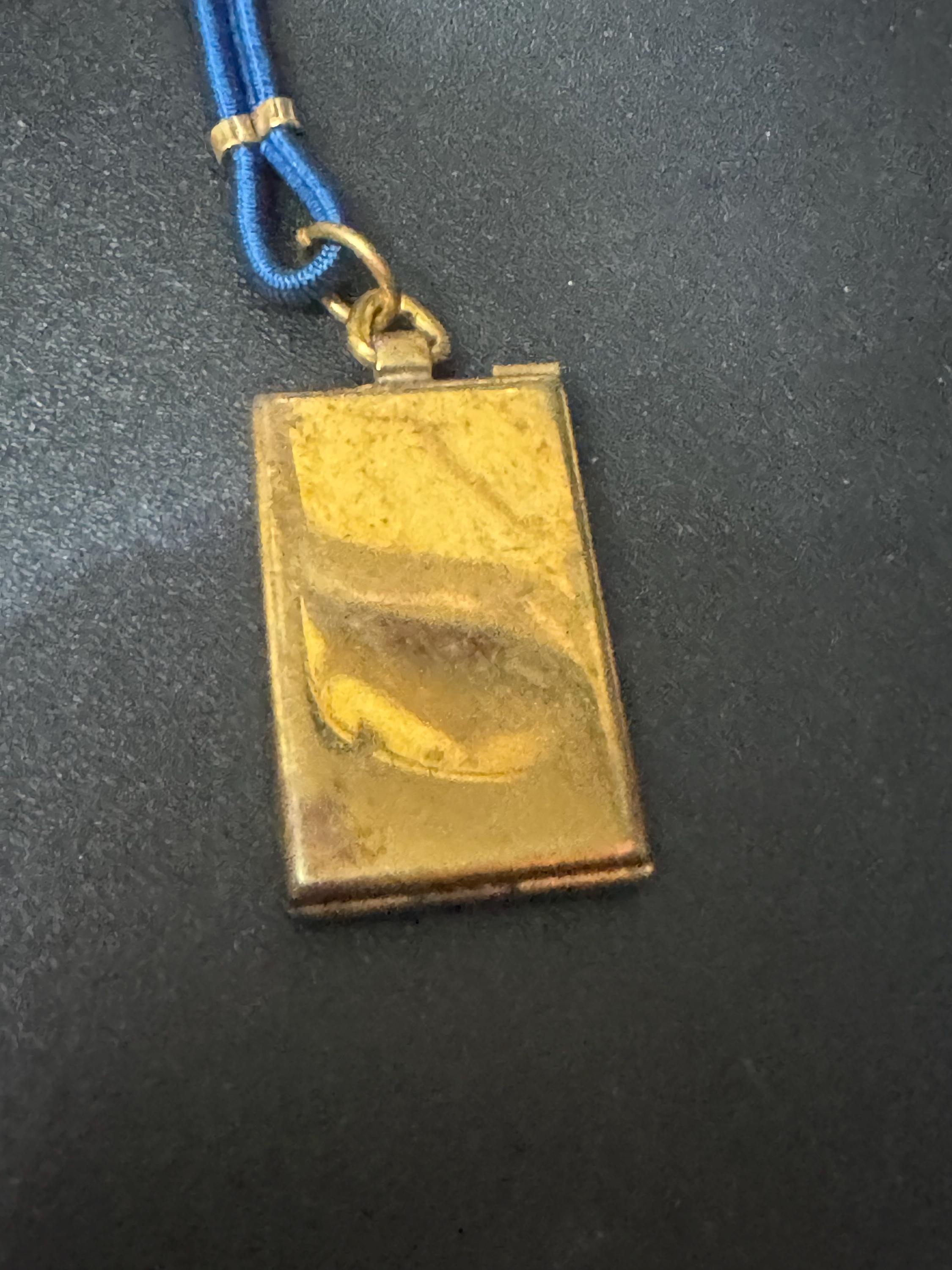 vintage art deco geometric brass dangling pendant portrait locket brooch with blue leather French