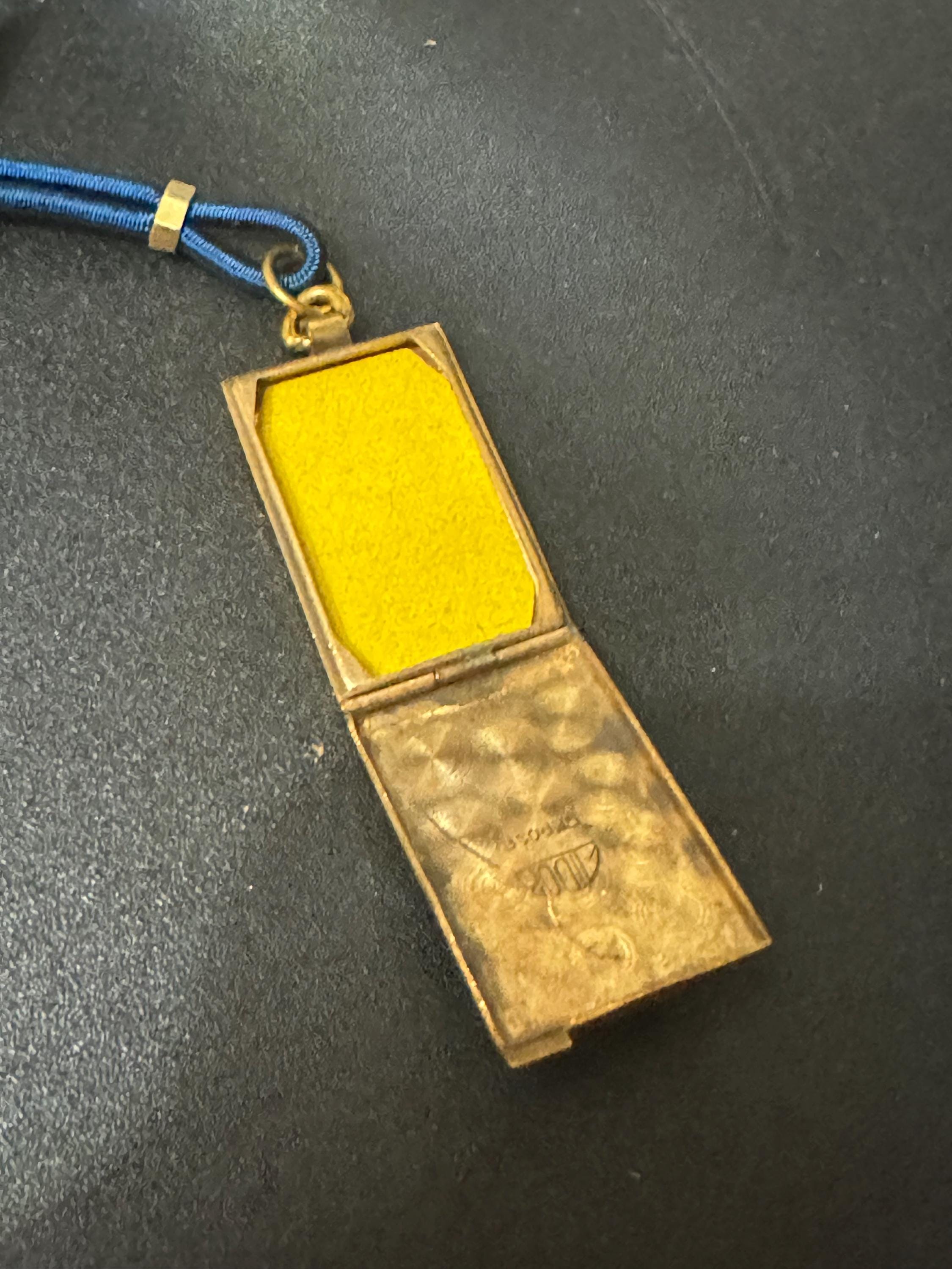 vintage art deco geometric brass dangling pendant portrait locket brooch with blue leather French