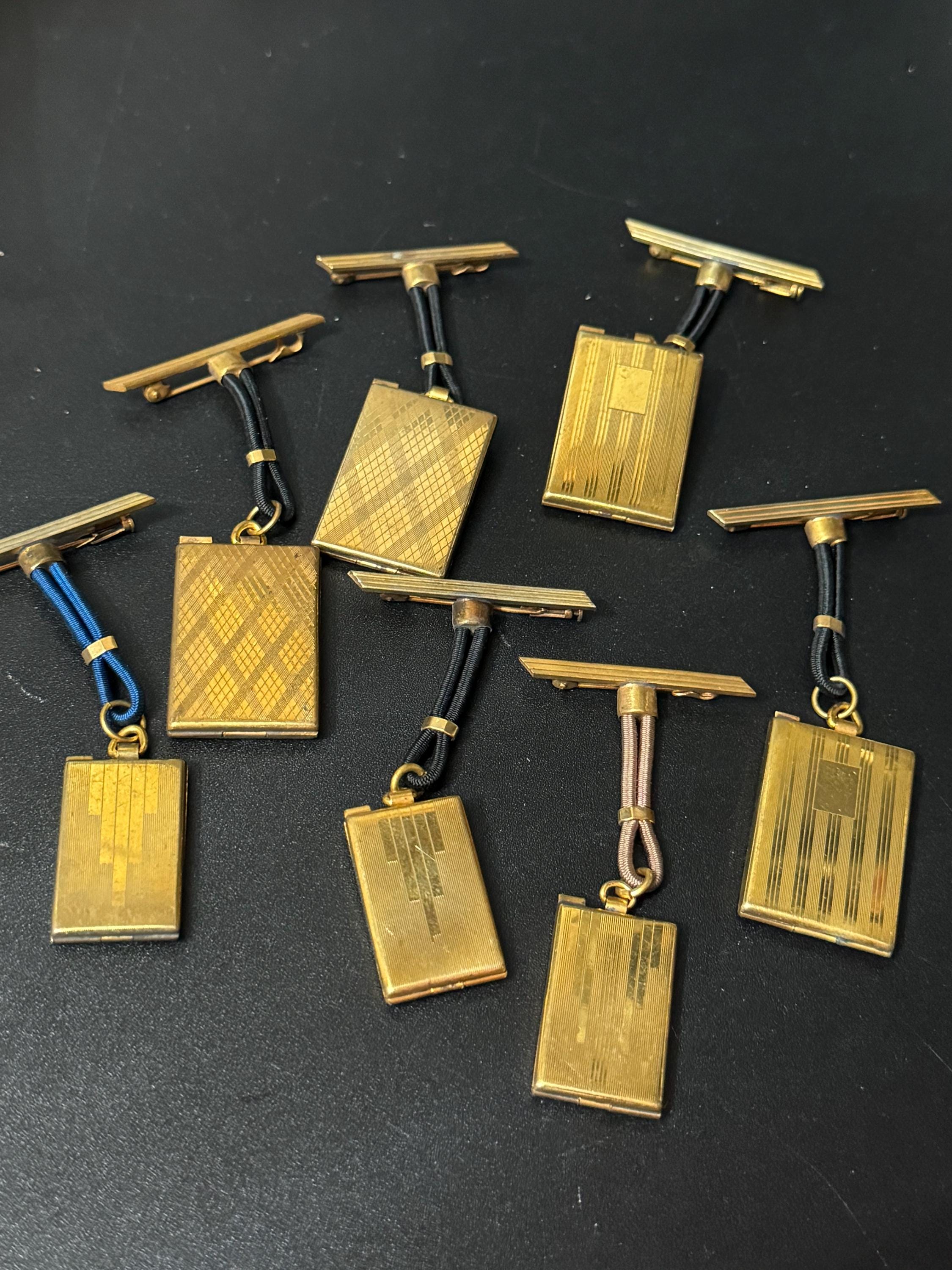 vintage art deco geometric brass dangling pendant portrait locket brooch with blue leather French