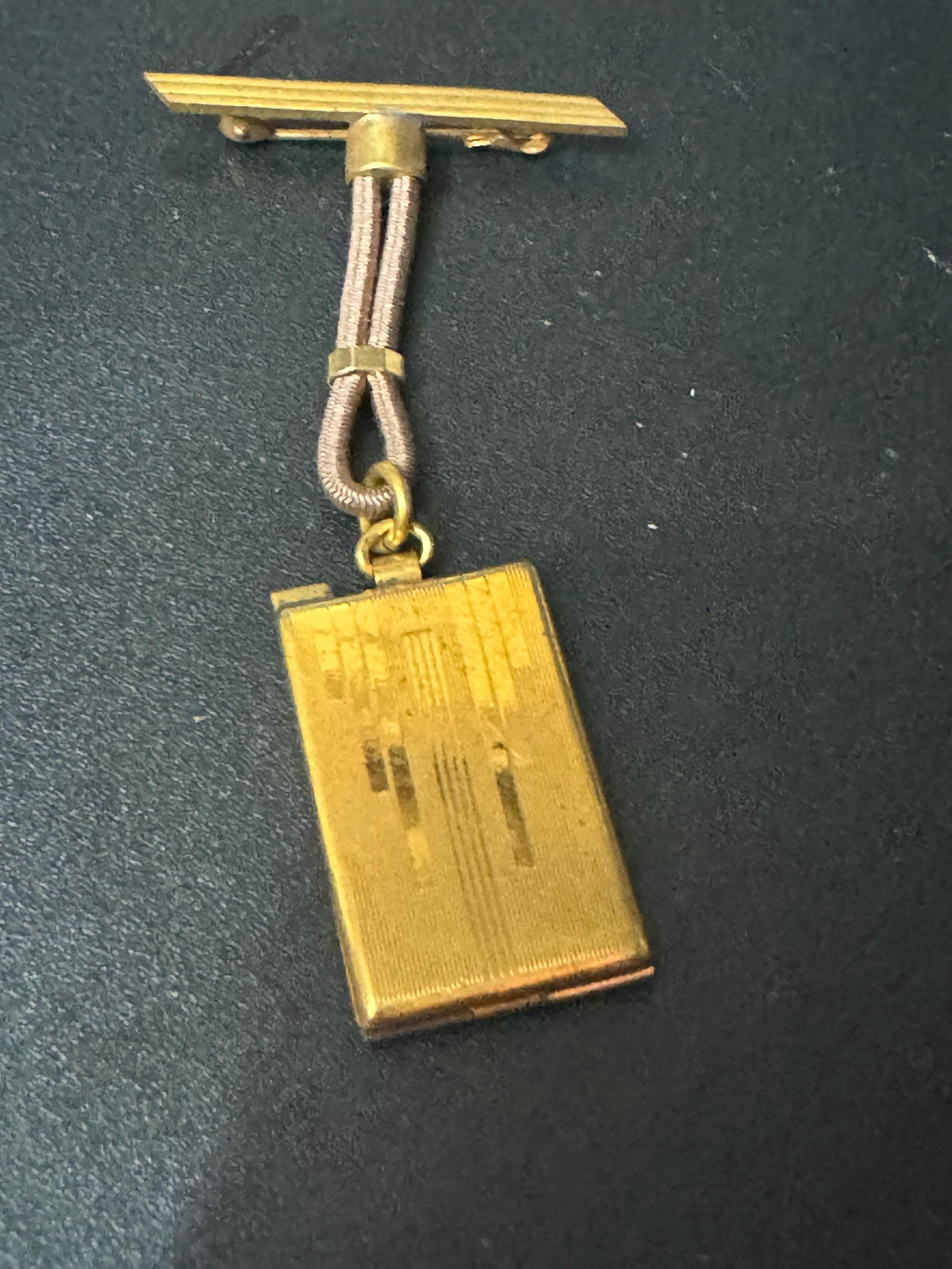 vintage art deco geometric brass dangling pendant portrait locket brooch with black leather French