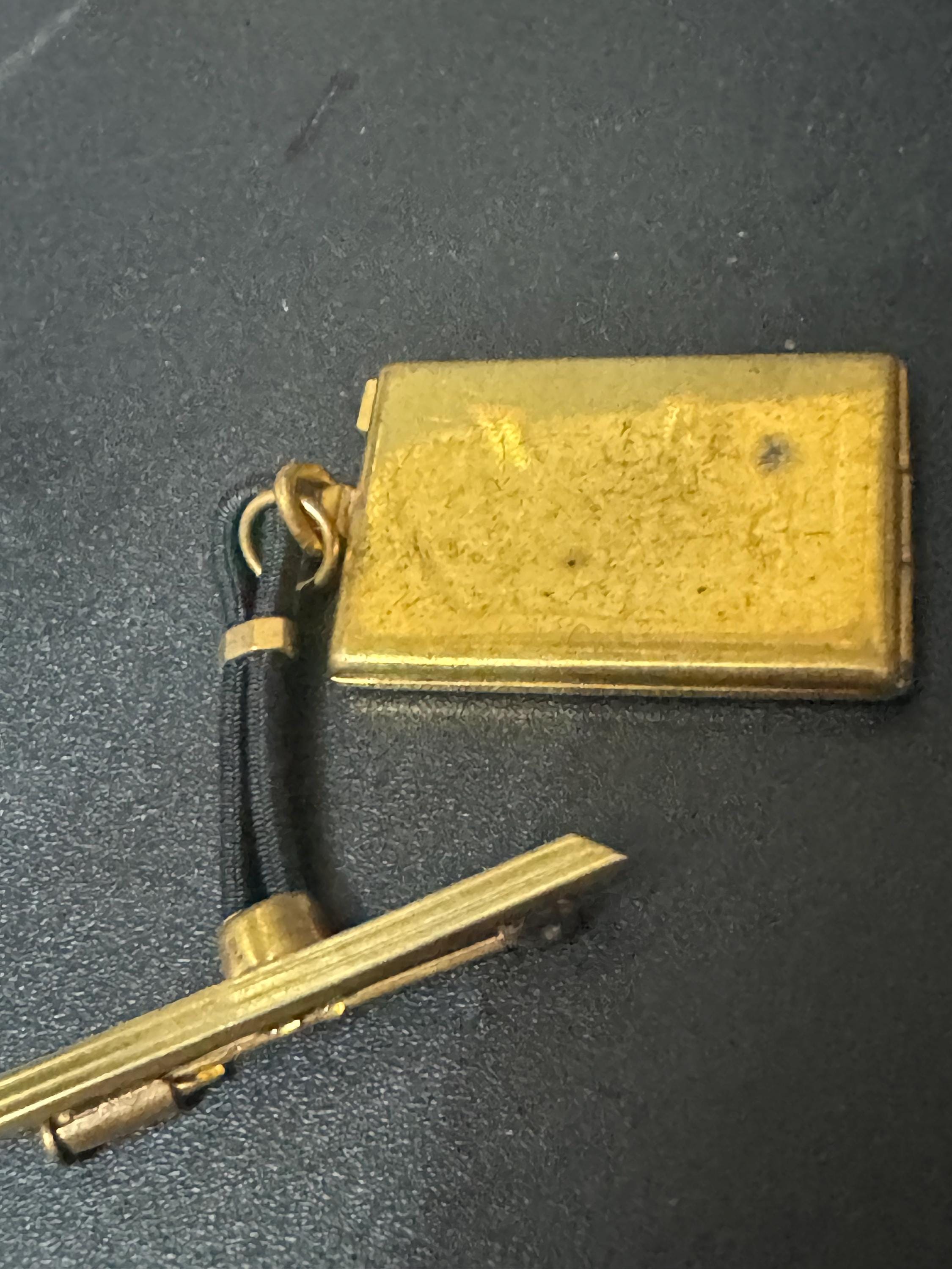 vintage art deco geometric brass dangling pendant portrait locket brooch with black leather French