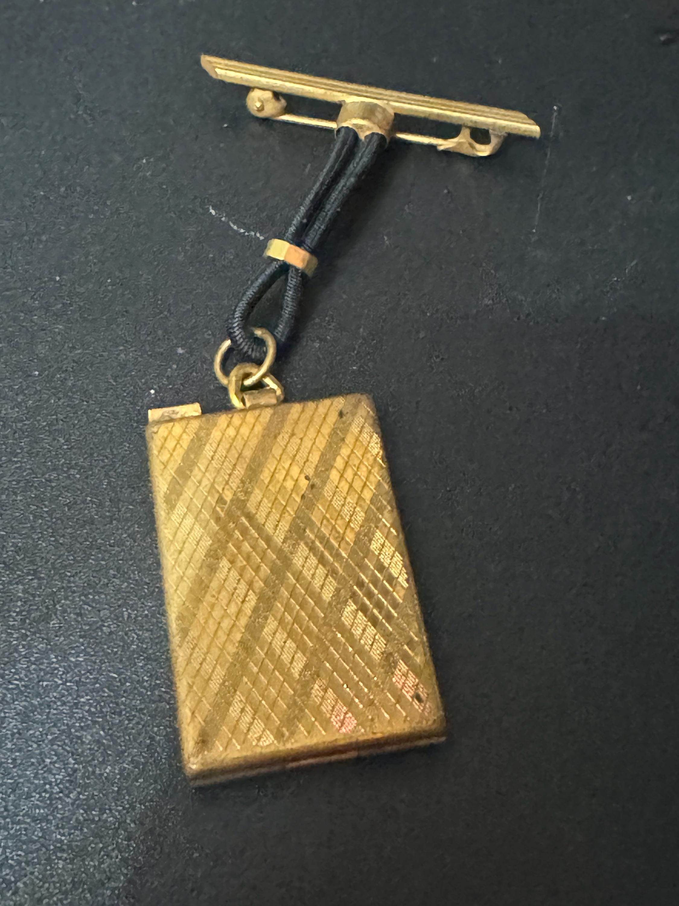 vintage art deco geometric brass dangling pendant portrait locket brooch with black leather French