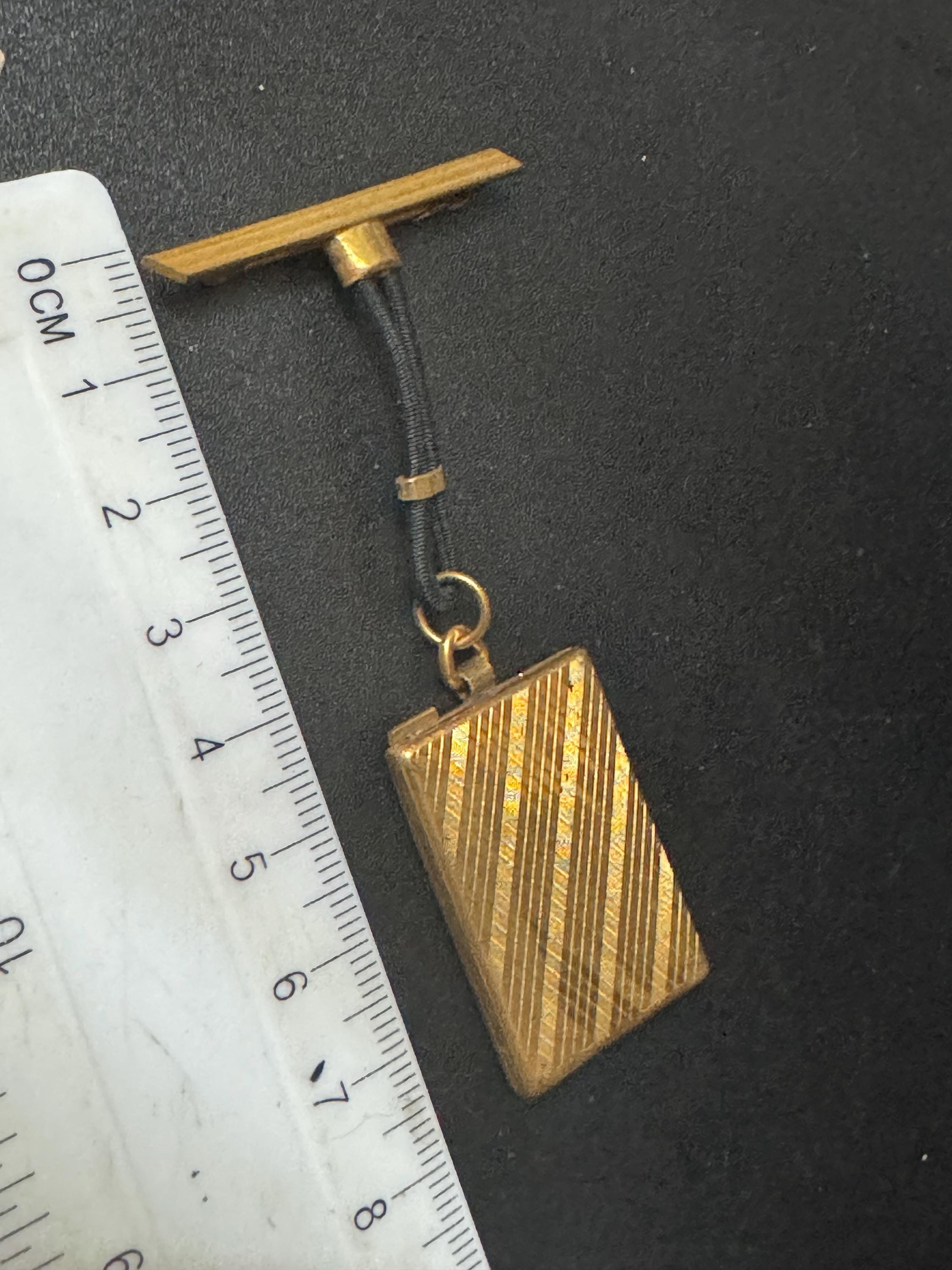 vintage art deco geometric brass dangling pendant portrait locket brooch with black leather French