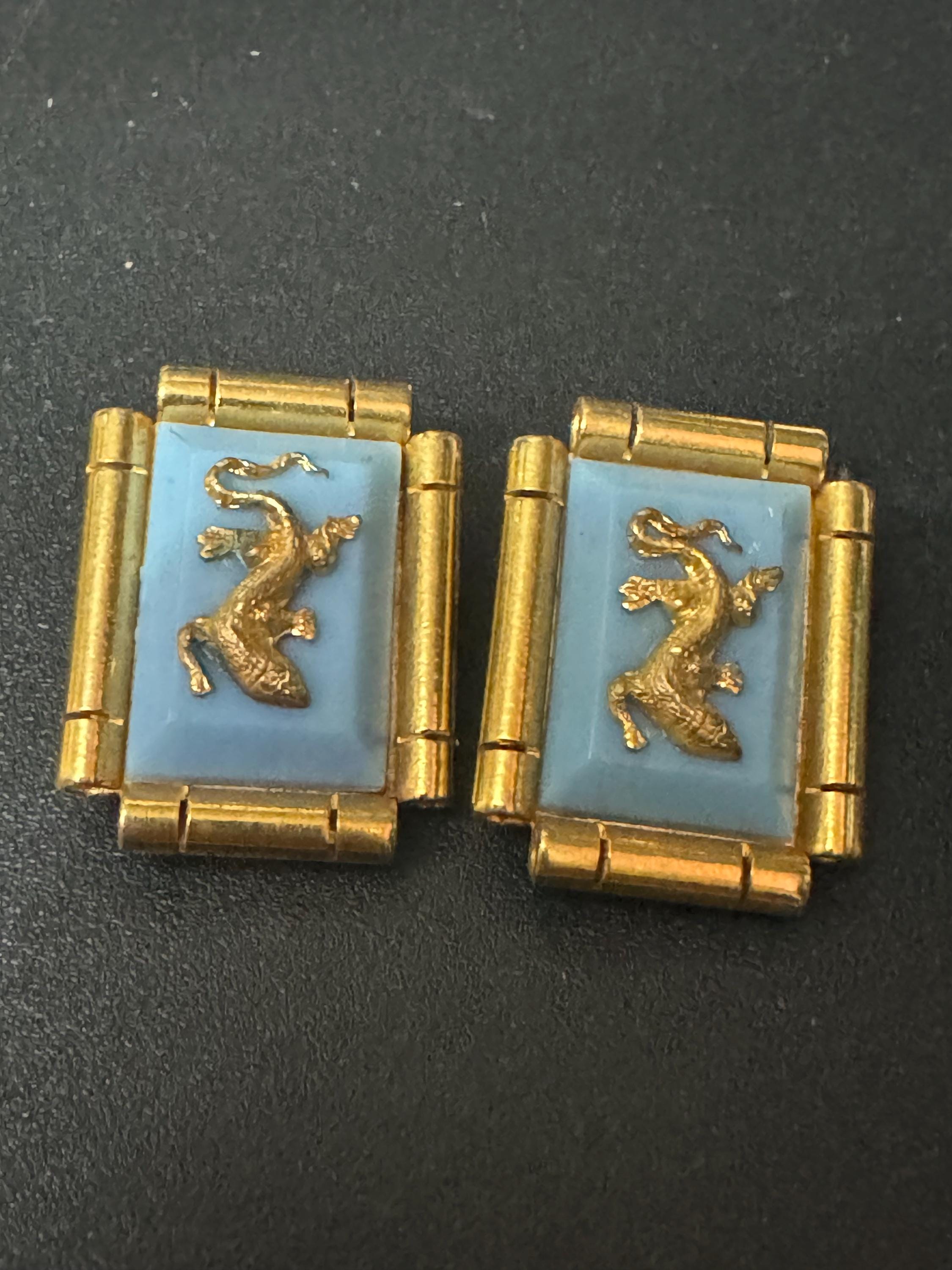 True vintage Jean Painlevé style French turquoise blue early plastic brass lizard salamander rectangular clip on earrings old shop stock