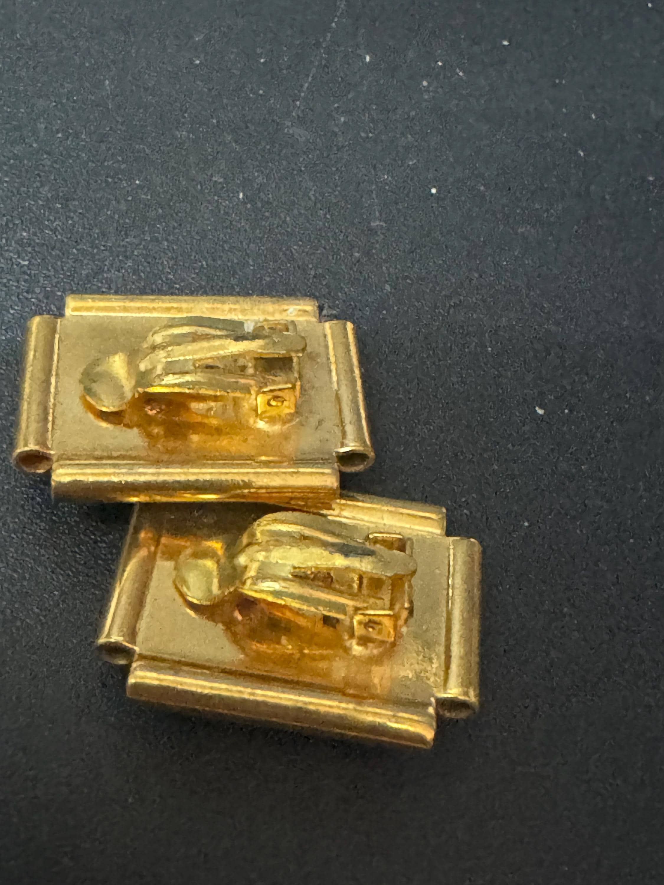 True vintage Jean Painlevé style French turquoise blue early plastic brass lizard salamander rectangular clip on earrings old shop stock