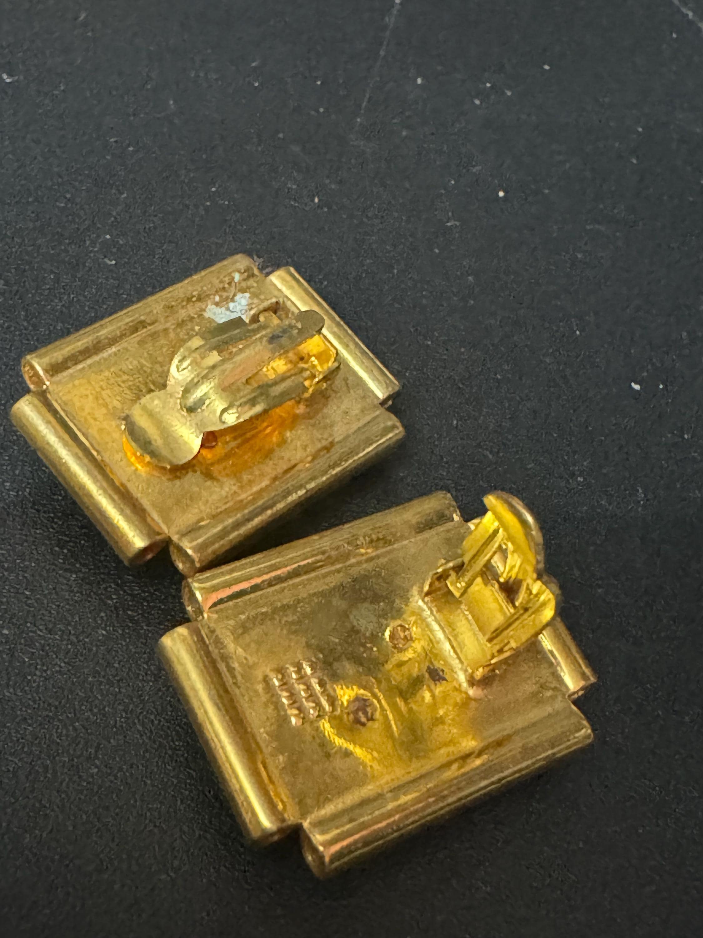 True vintage Jean Painlevé style French turquoise blue early plastic brass lizard salamander rectangular clip on earrings old shop stock