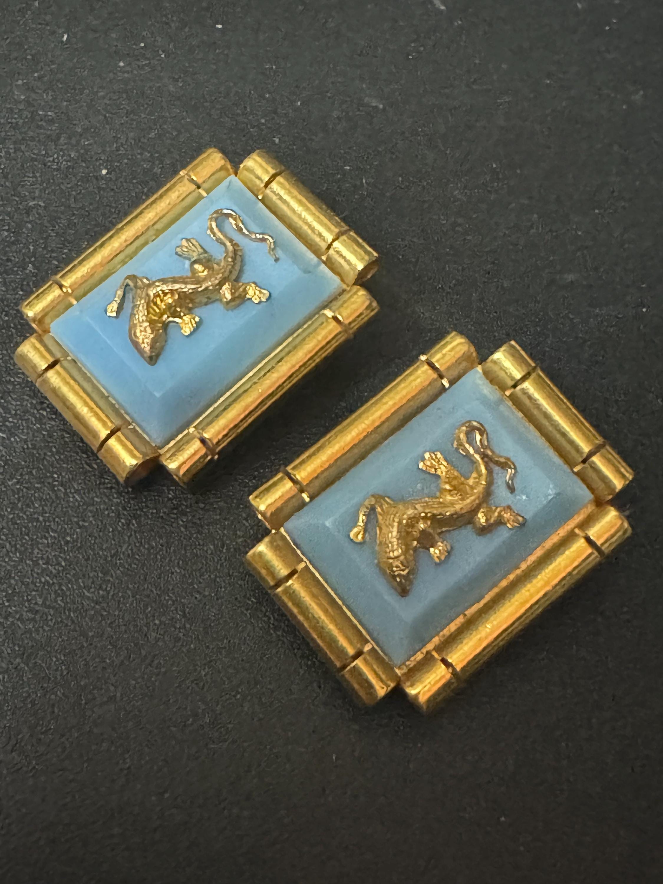 True vintage Jean Painlevé style French turquoise blue early plastic brass lizard salamander rectangular clip on earrings old shop stock