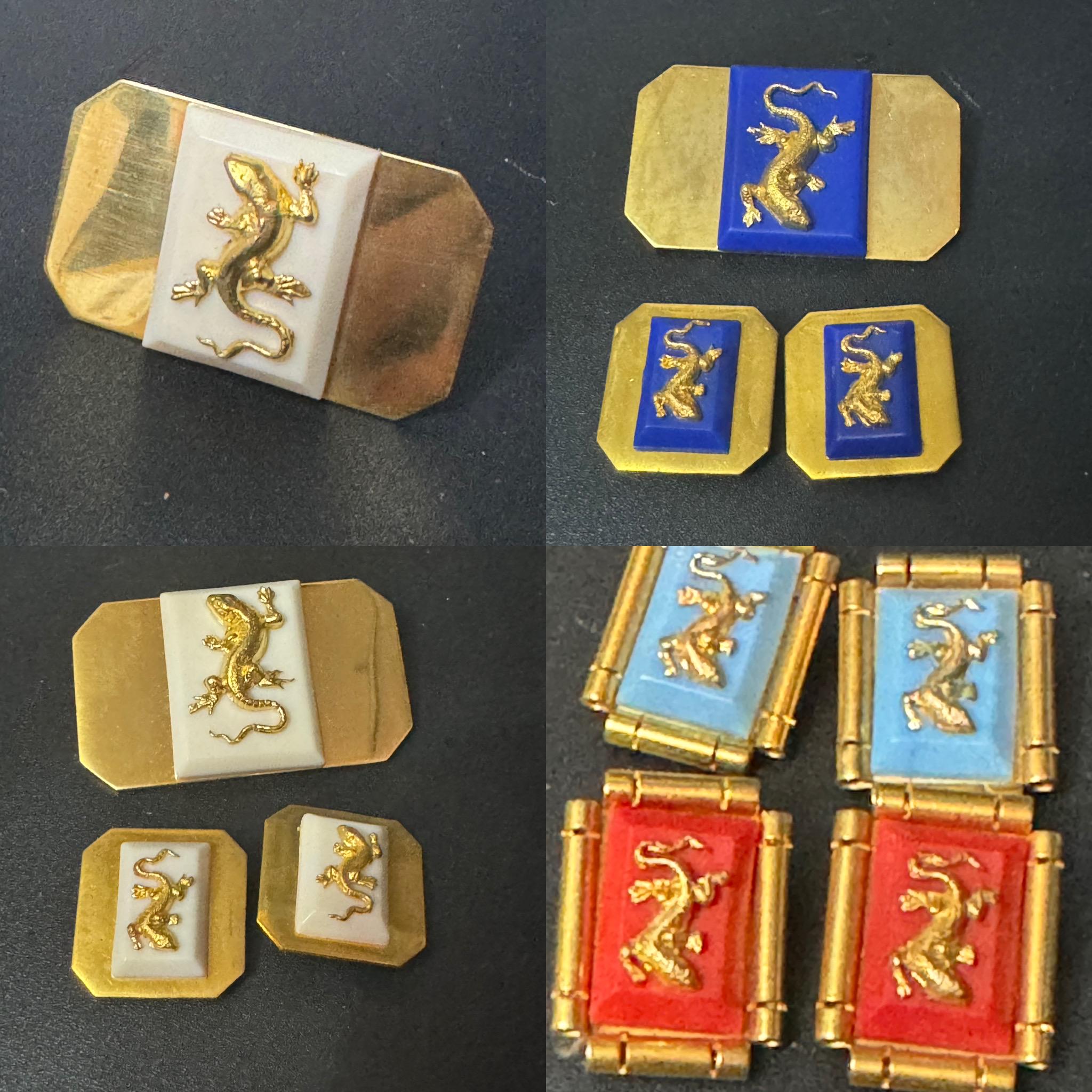 True vintage Jean Painlevé style French turquoise blue early plastic brass lizard salamander rectangular clip on earrings old shop stock