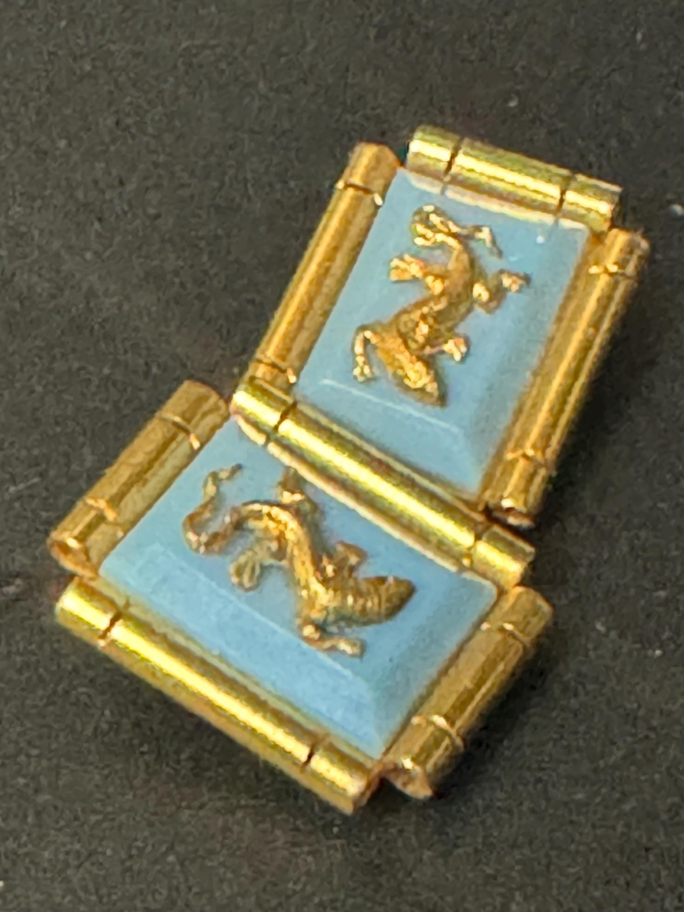 True vintage Jean Painlevé style French turquoise blue early plastic brass lizard salamander rectangular clip on earrings old shop stock