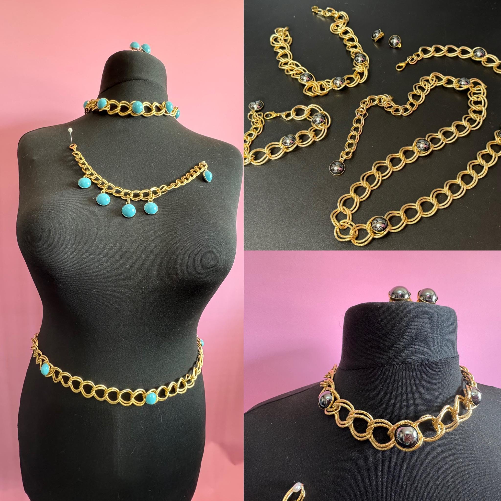 Vintage Gold Chain Jewelry Set: Belt, Necklace, Bracelet, Earrings