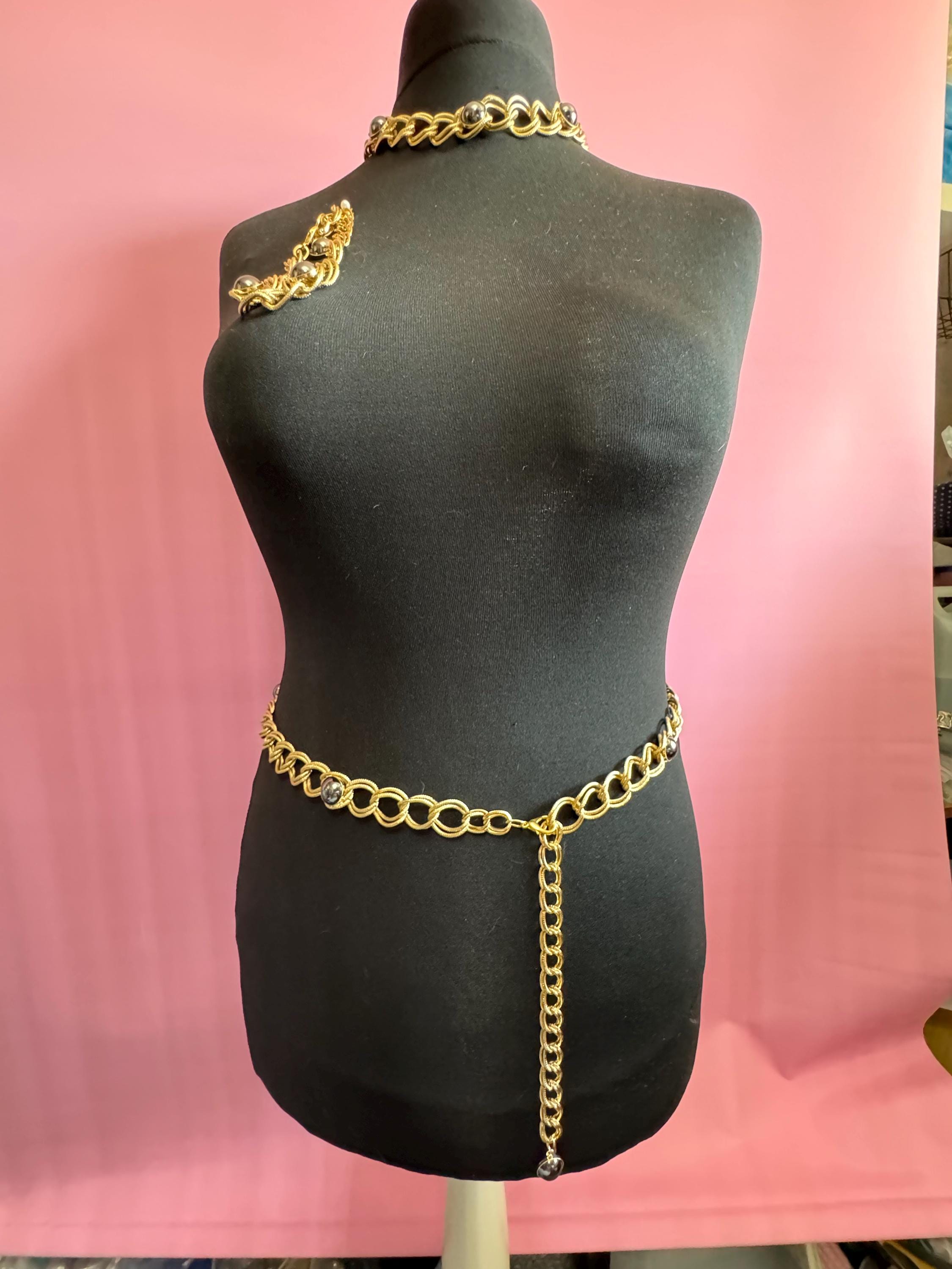 Vintage Gold Chain Jewelry Set: Belt, Necklace, Bracelet, Earrings