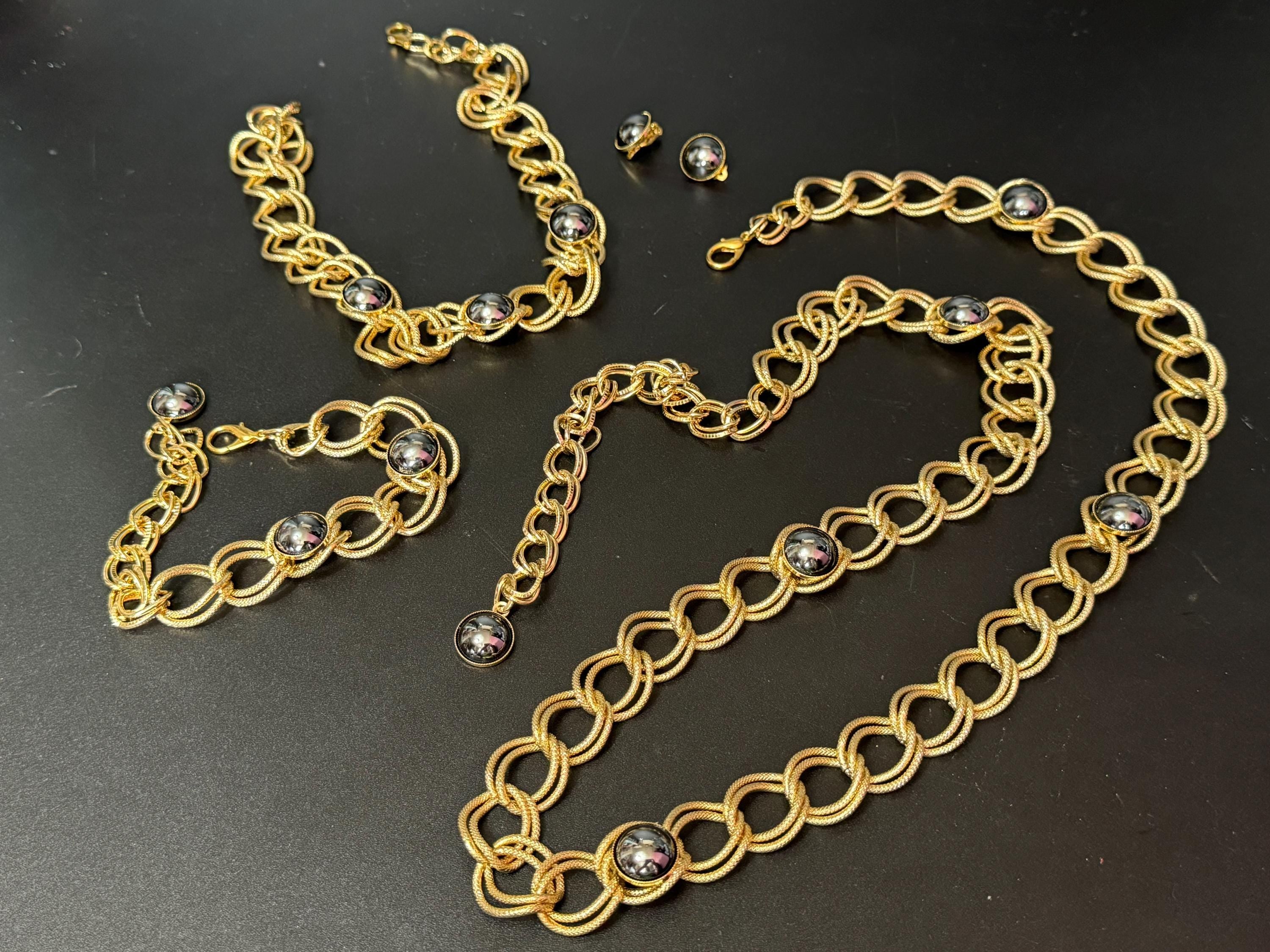 Vintage Gold Chain Jewelry Set: Belt, Necklace, Bracelet, Earrings