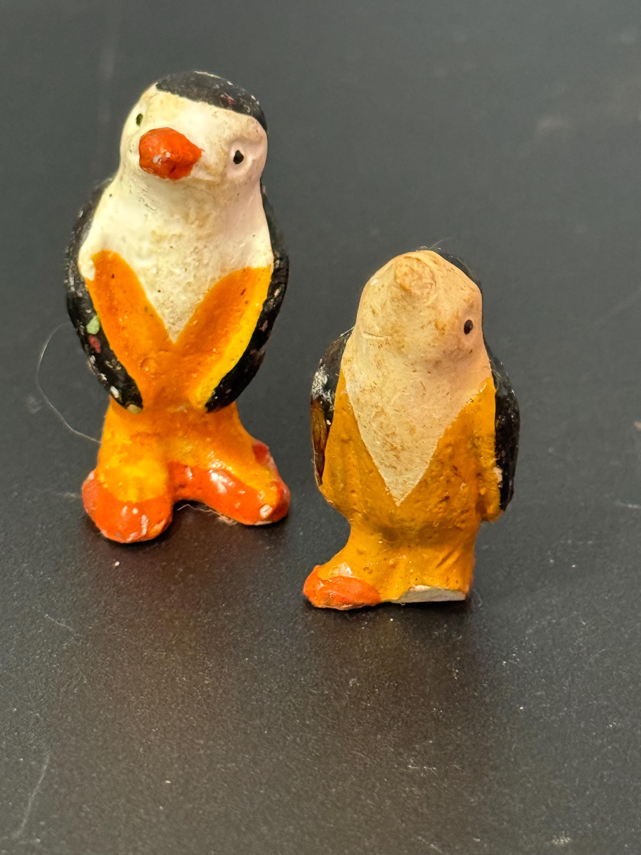 2 x Antique PLASTER bisque Black penguins Christmas Xmas Cake topper decoration