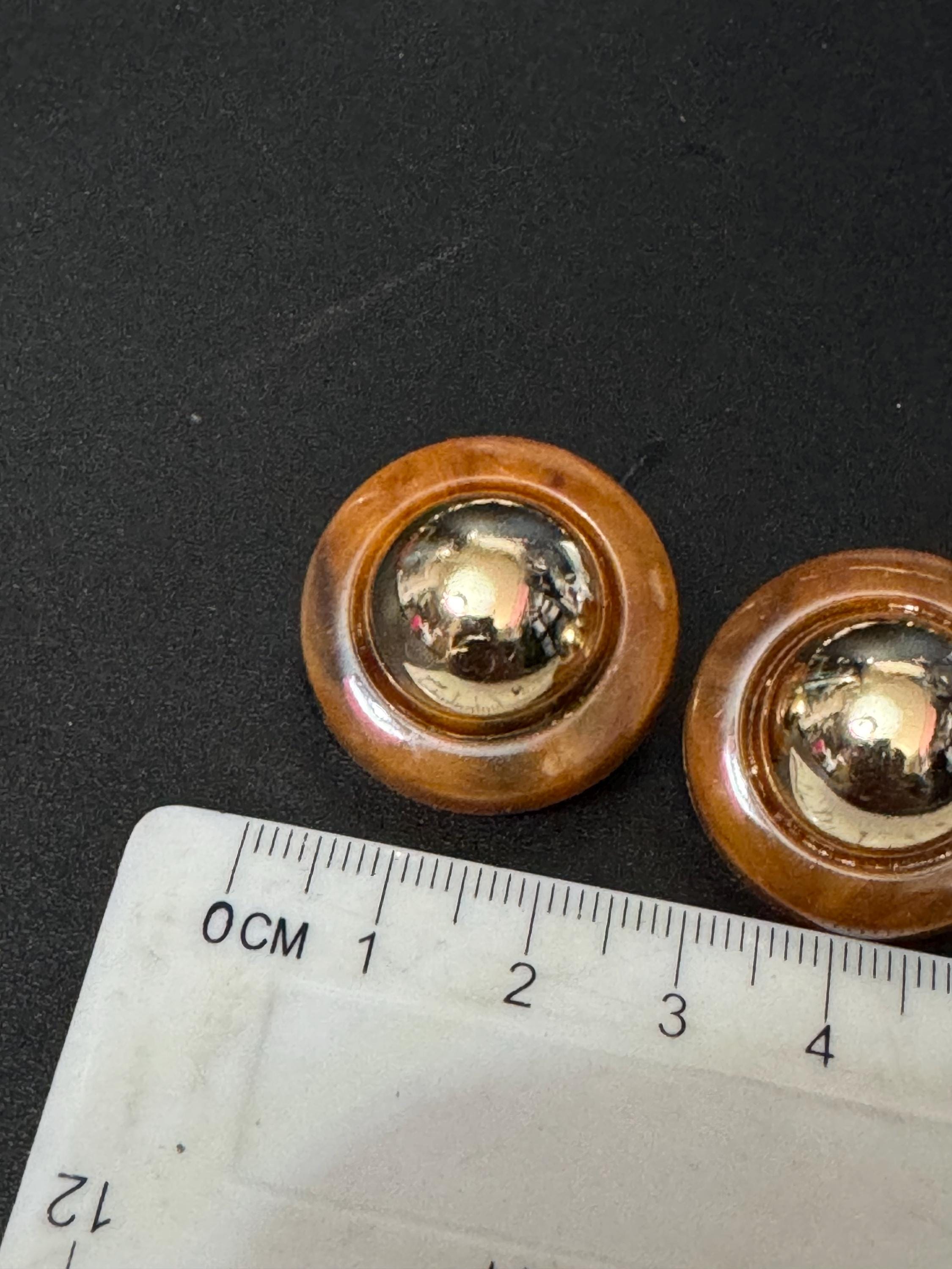 vintage French brown and gold tone domed plastic clip on earrings 1960s old shop stock