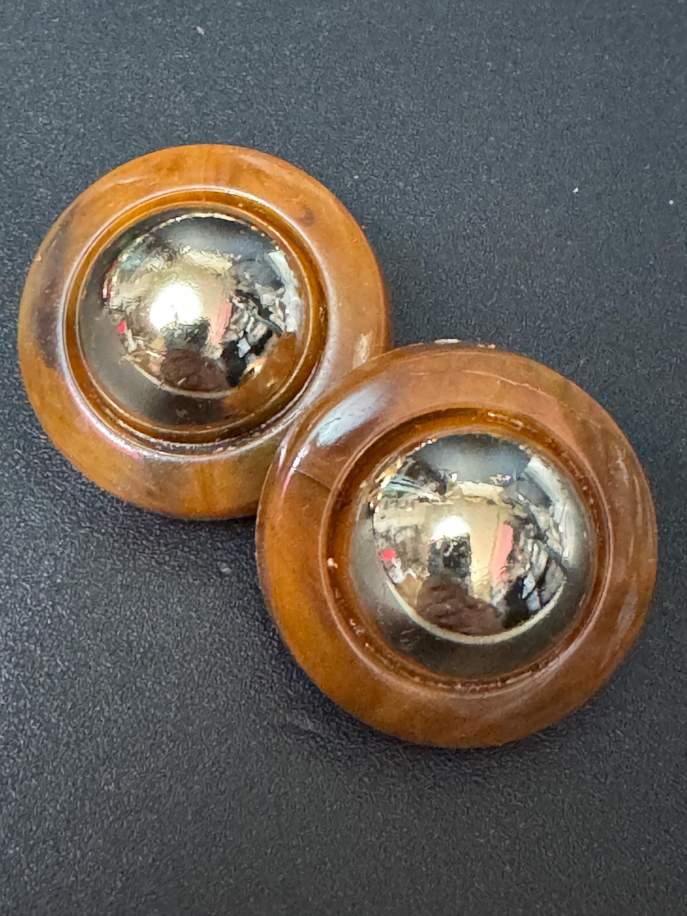 vintage French brown and gold tone domed plastic clip on earrings 1960s old shop stock