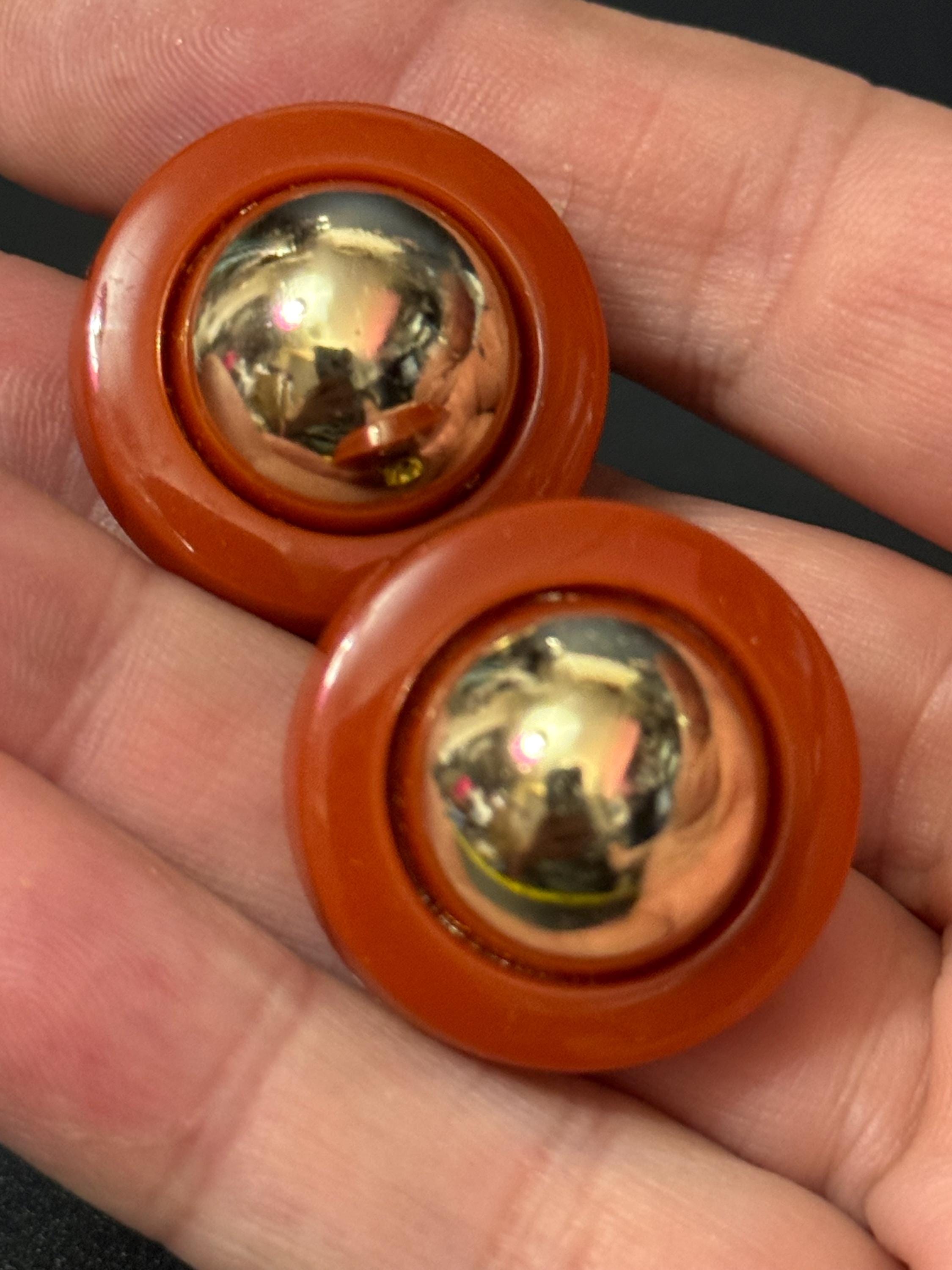 True French terracotta brown and gold tone domed plastic clip on earrings 1960s old shop stock