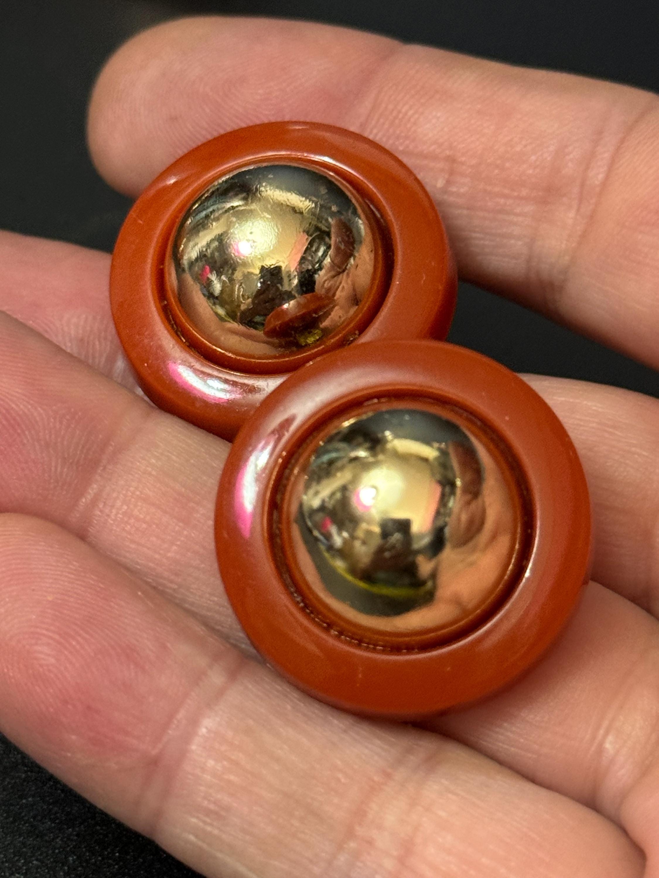 True French terracotta brown and gold tone domed plastic clip on earrings 1960s old shop stock
