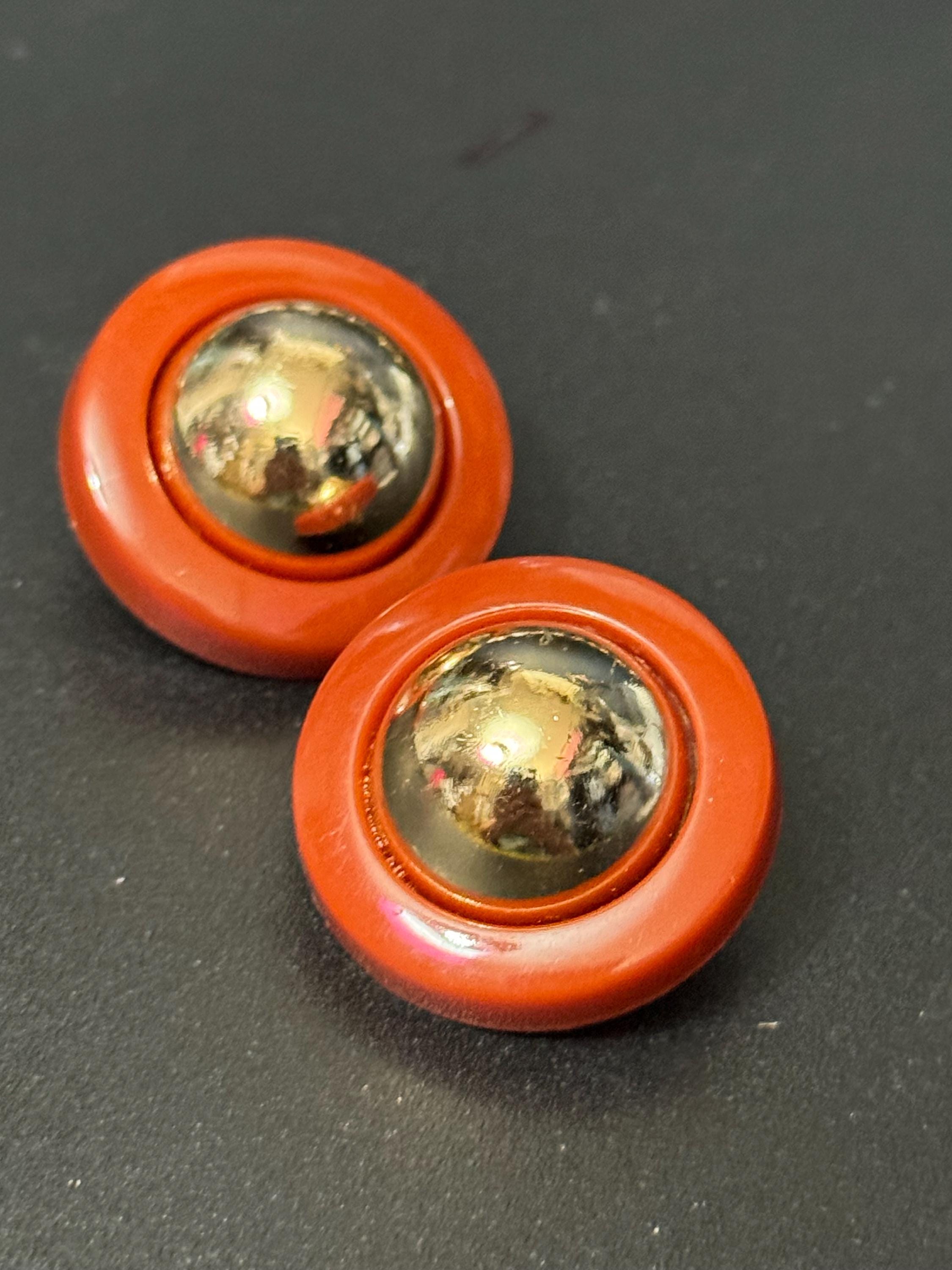 True French terracotta brown and gold tone domed plastic clip on earrings 1960s old shop stock