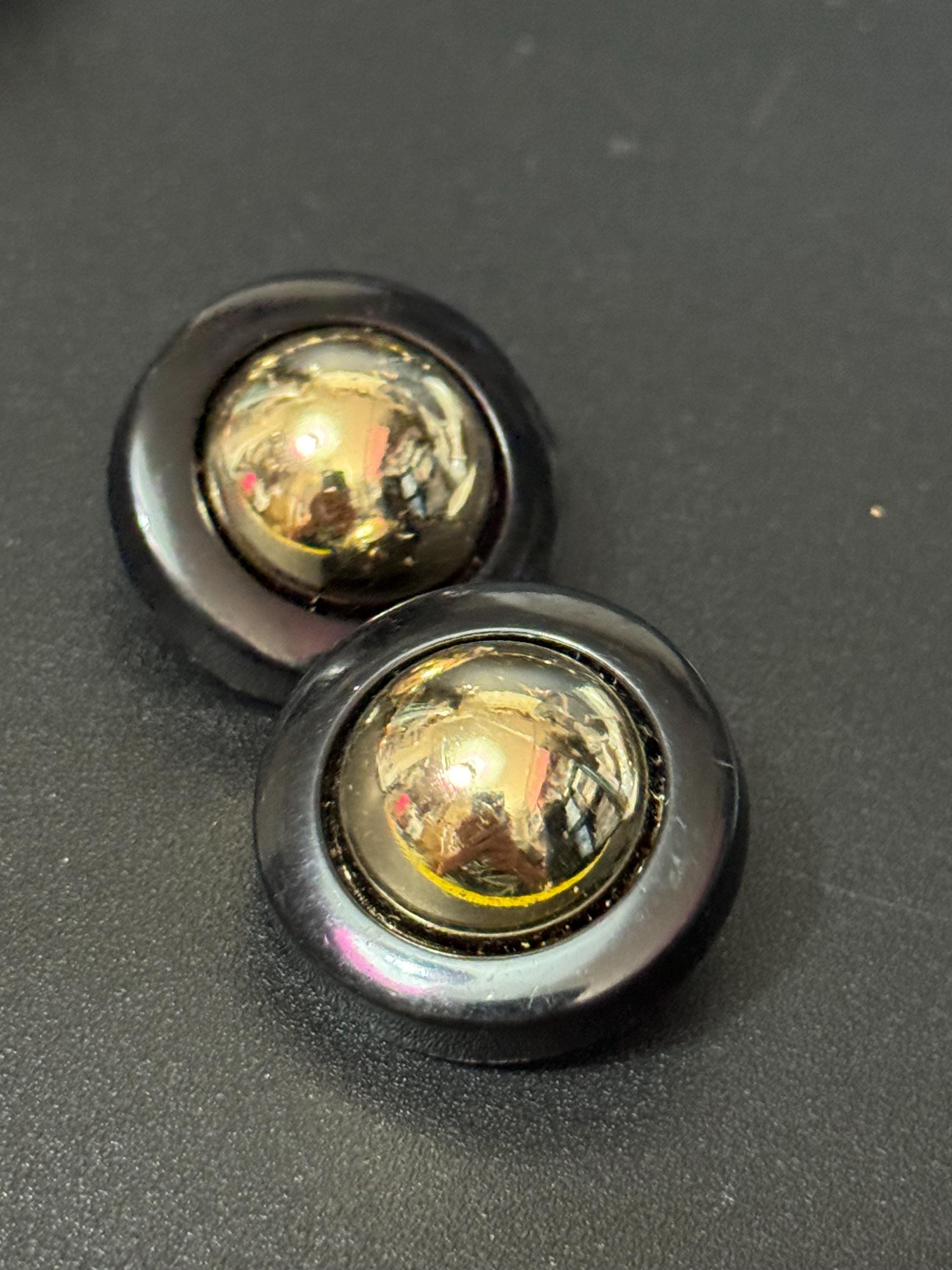 True vintage French black and gold tone domed plastic clip on earrings 1950s 1960s old shop stock