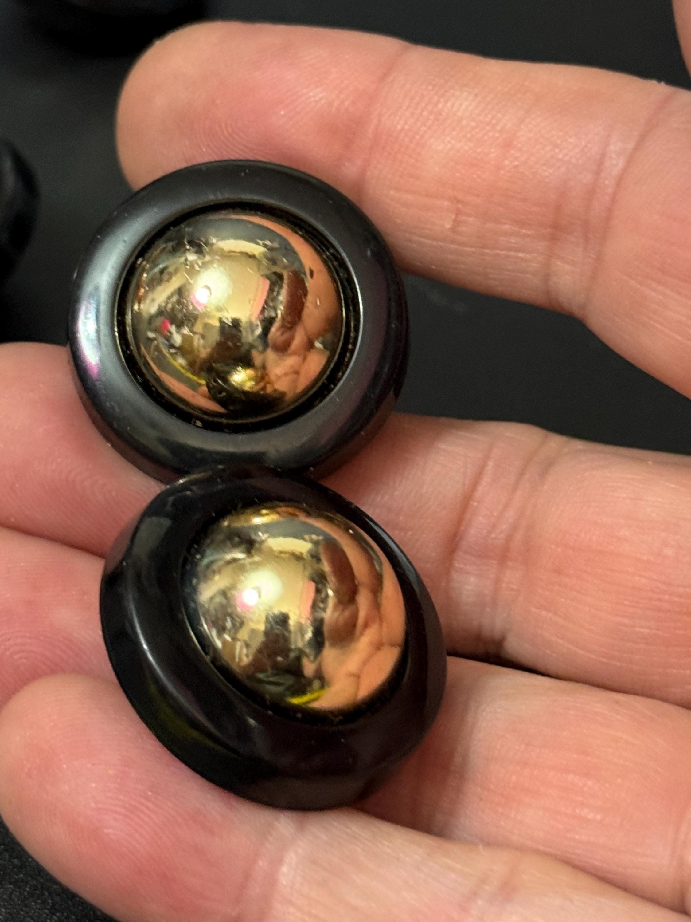 Vintage French Clip On Earrings: Black & Gold Domed Plastic, 1950s-60s