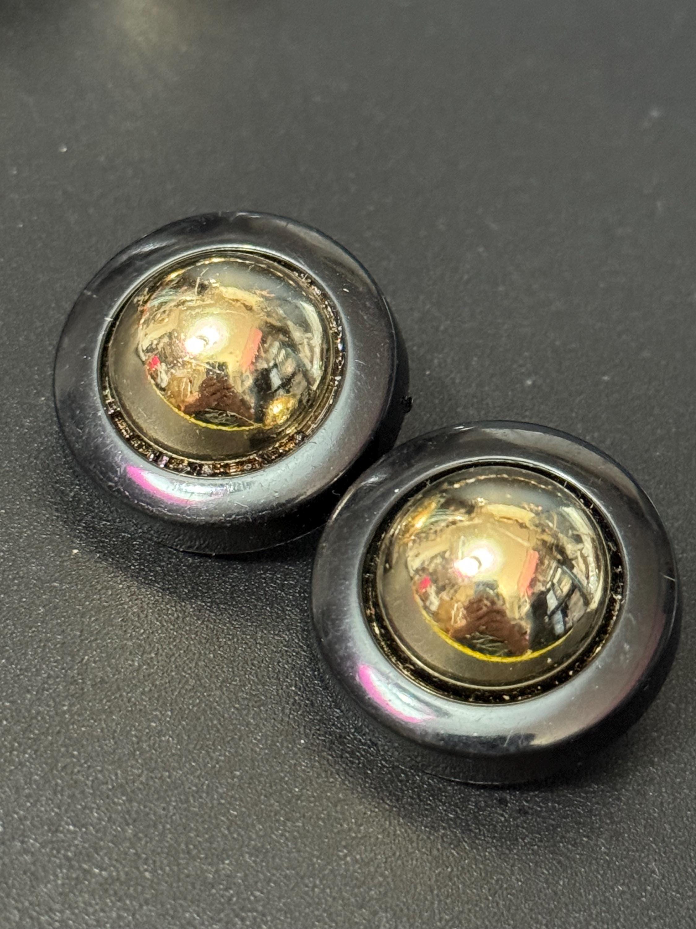 Vintage French Clip On Earrings: Black & Gold Domed Plastic, 1950s-60s