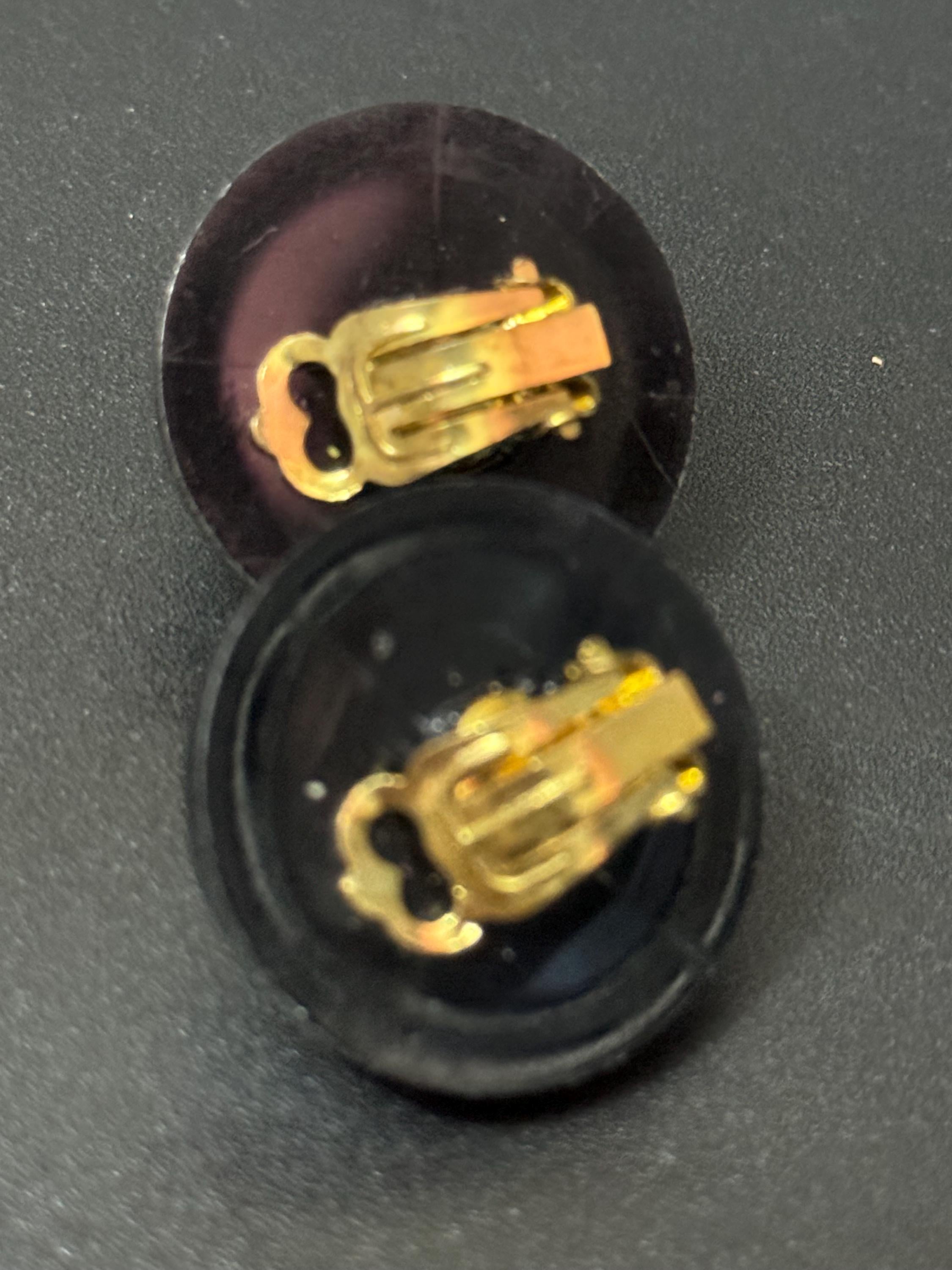 Vintage French Clip On Earrings: Black & Gold Domed Plastic, 1950s-60s