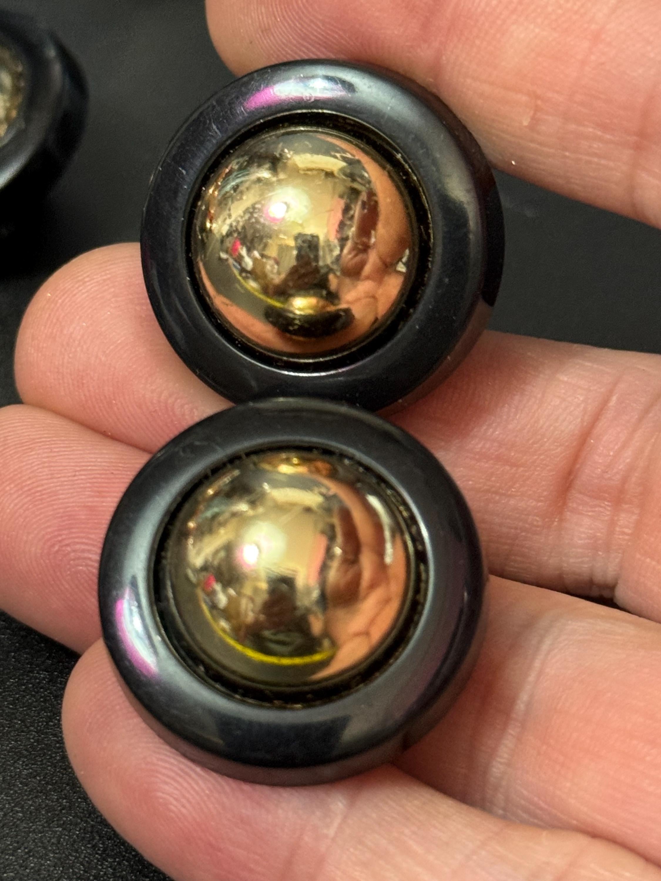 Vintage French Clip On Earrings: Black & Gold Domed Plastic, 1950s-60s