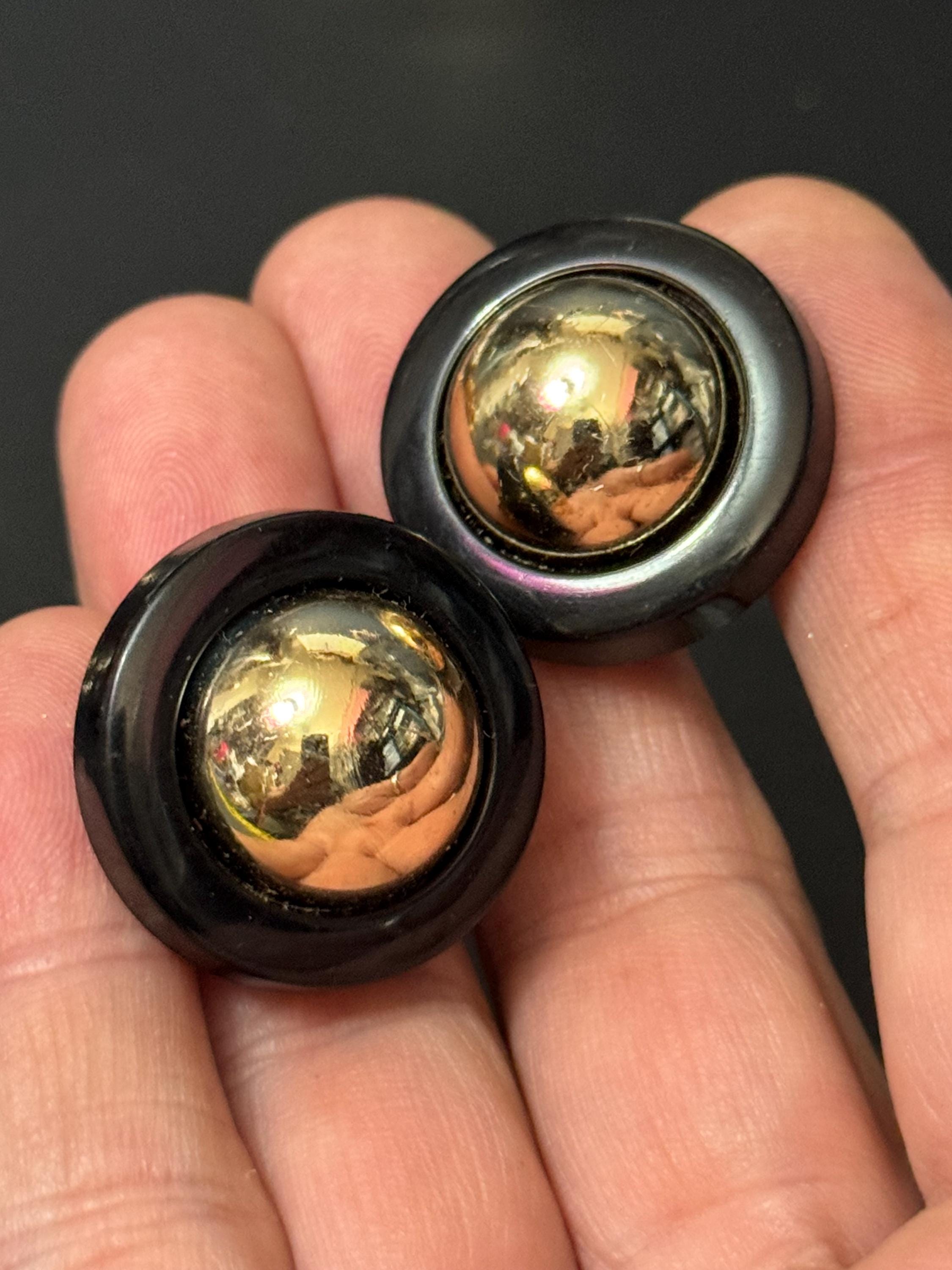 Vintage French Clip On Earrings: Black & Gold Domed Plastic, 1950s-60s