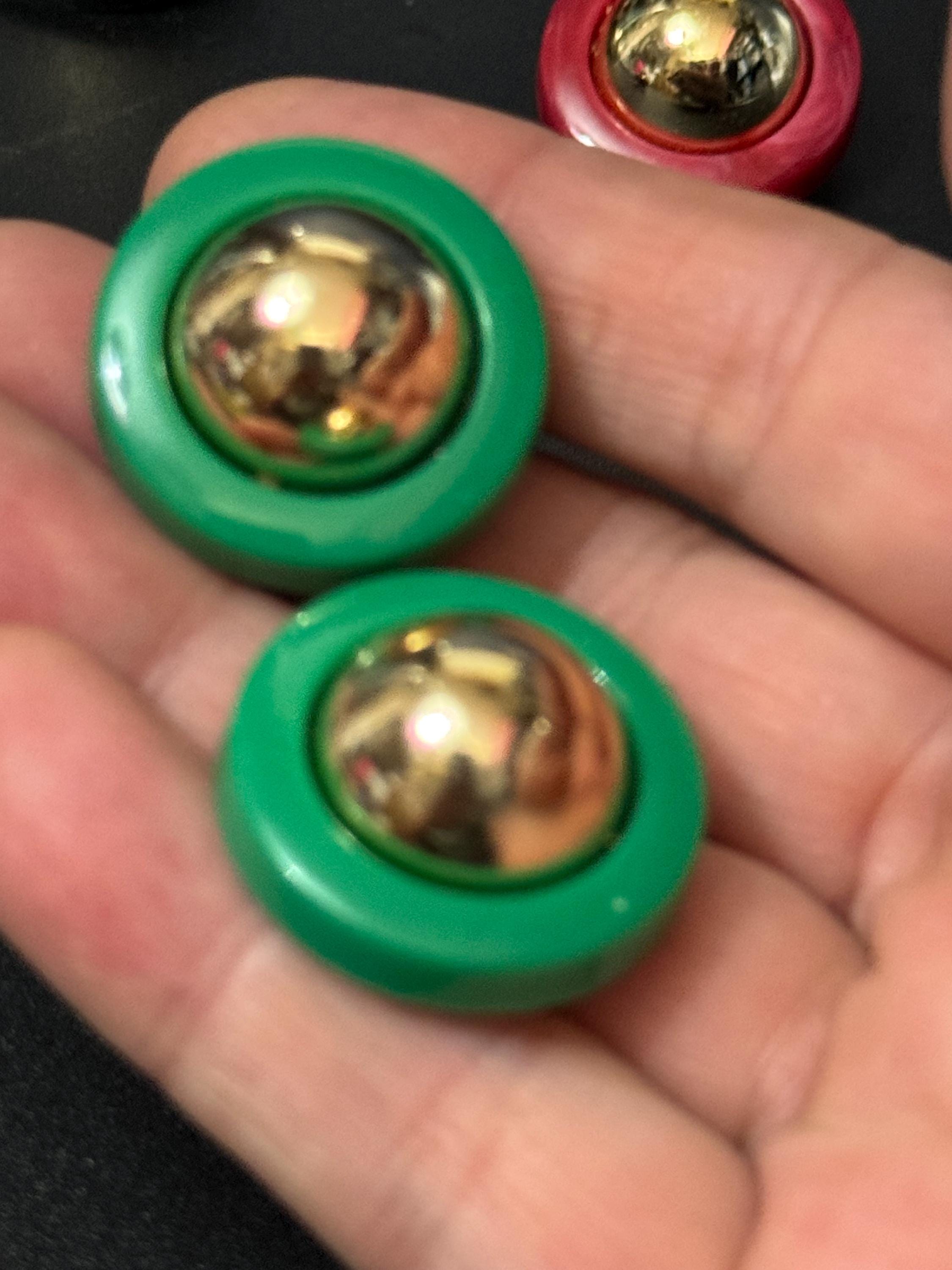 vintage French green and gold tone domed plastic clip on earrings 1950s 1960s old shop stock