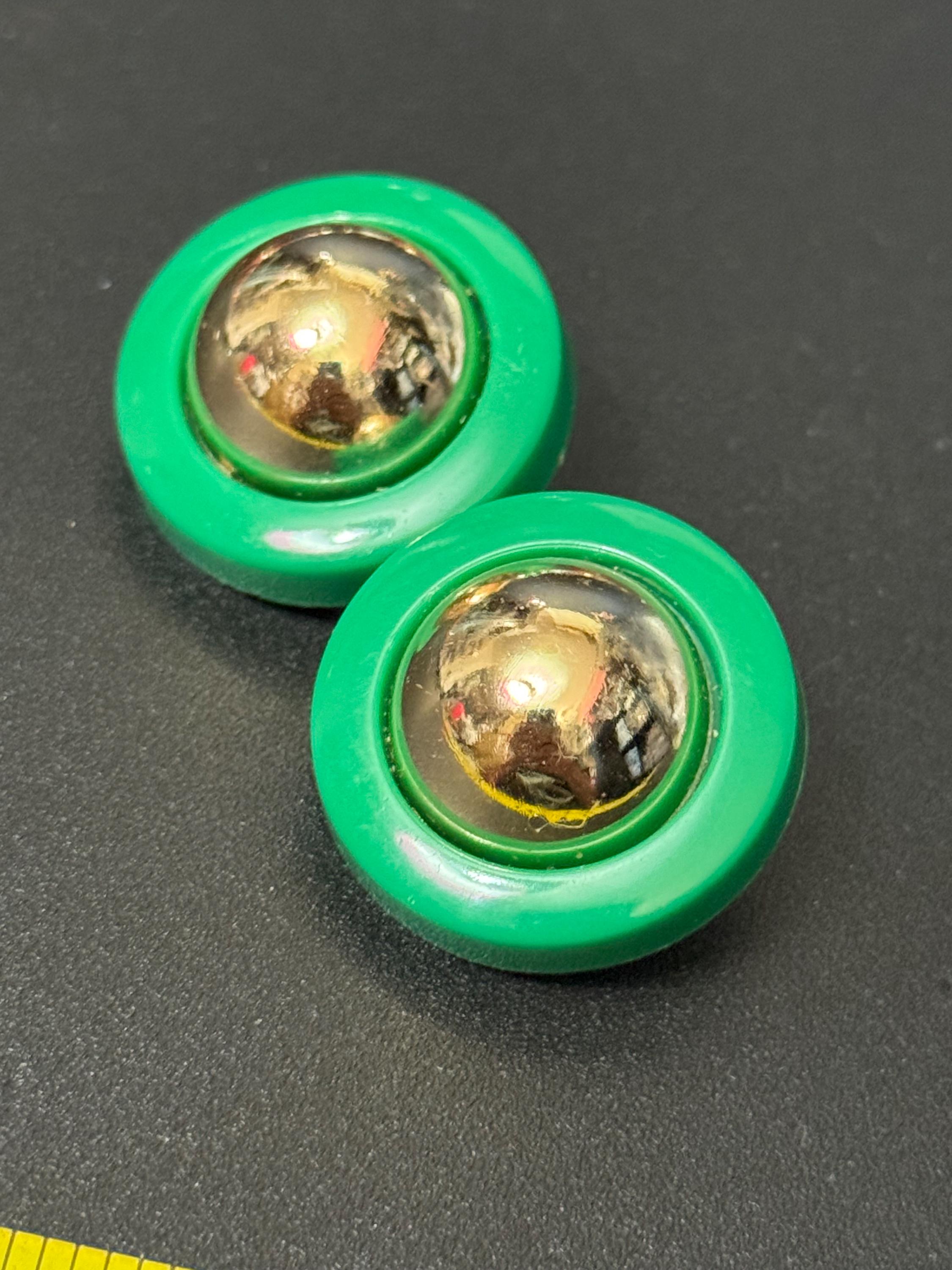 vintage French green and gold tone domed plastic clip on earrings 1950s 1960s old shop stock