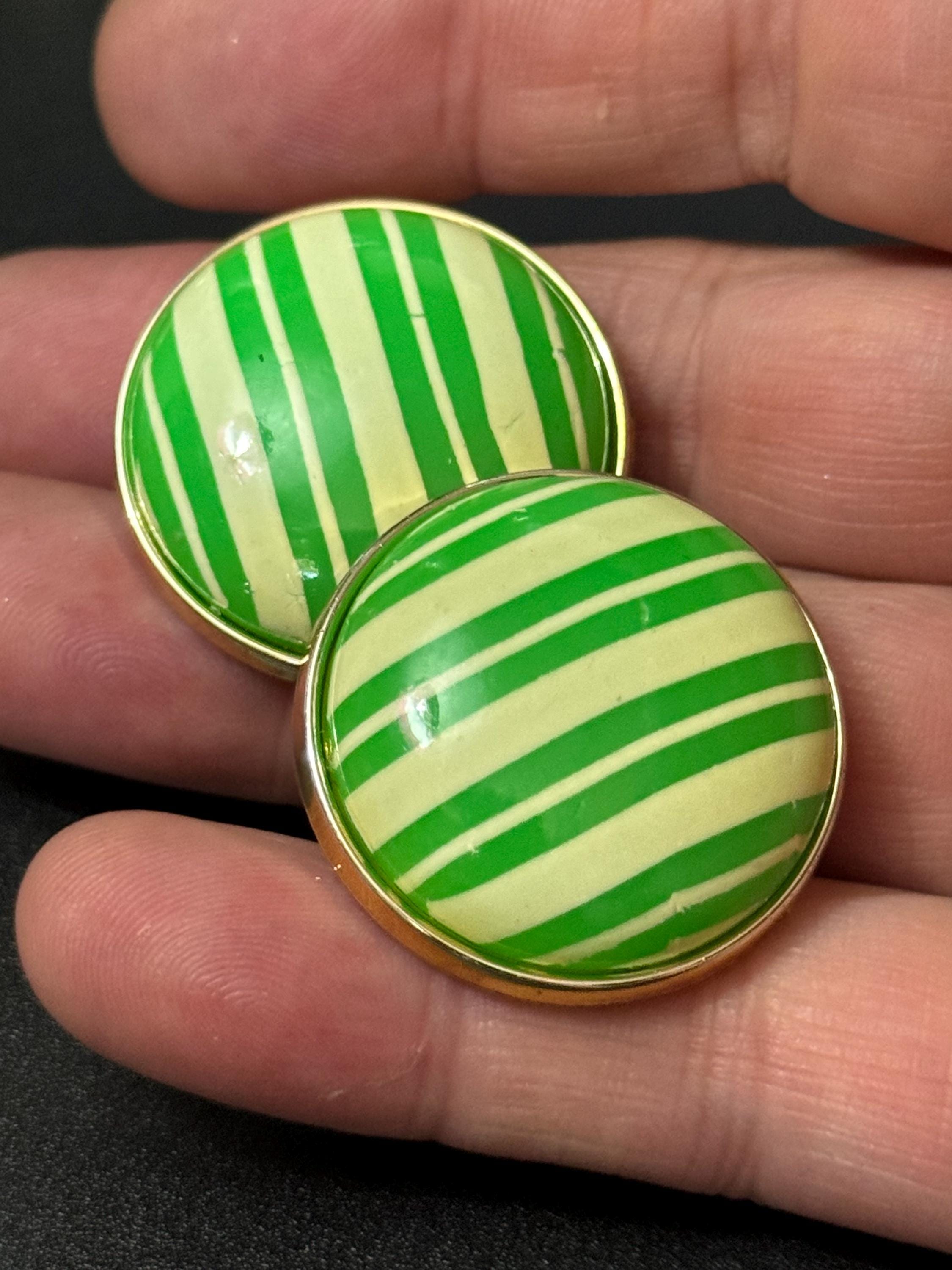 Vintage 1950s Striped Green Clip On Earrings: Gold Tone Plastic