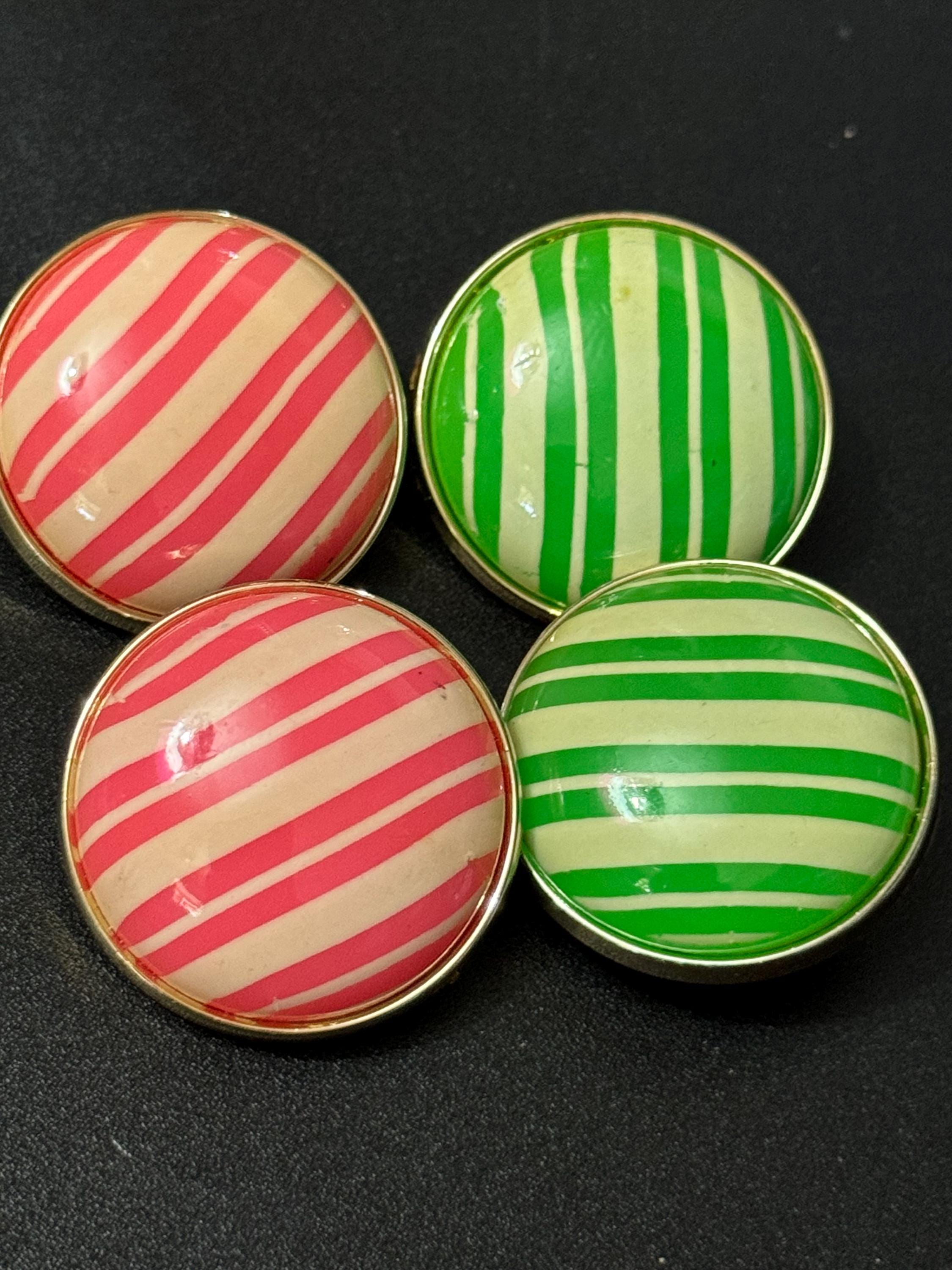 Vintage 1950s Striped Green Clip On Earrings: Gold Tone Plastic